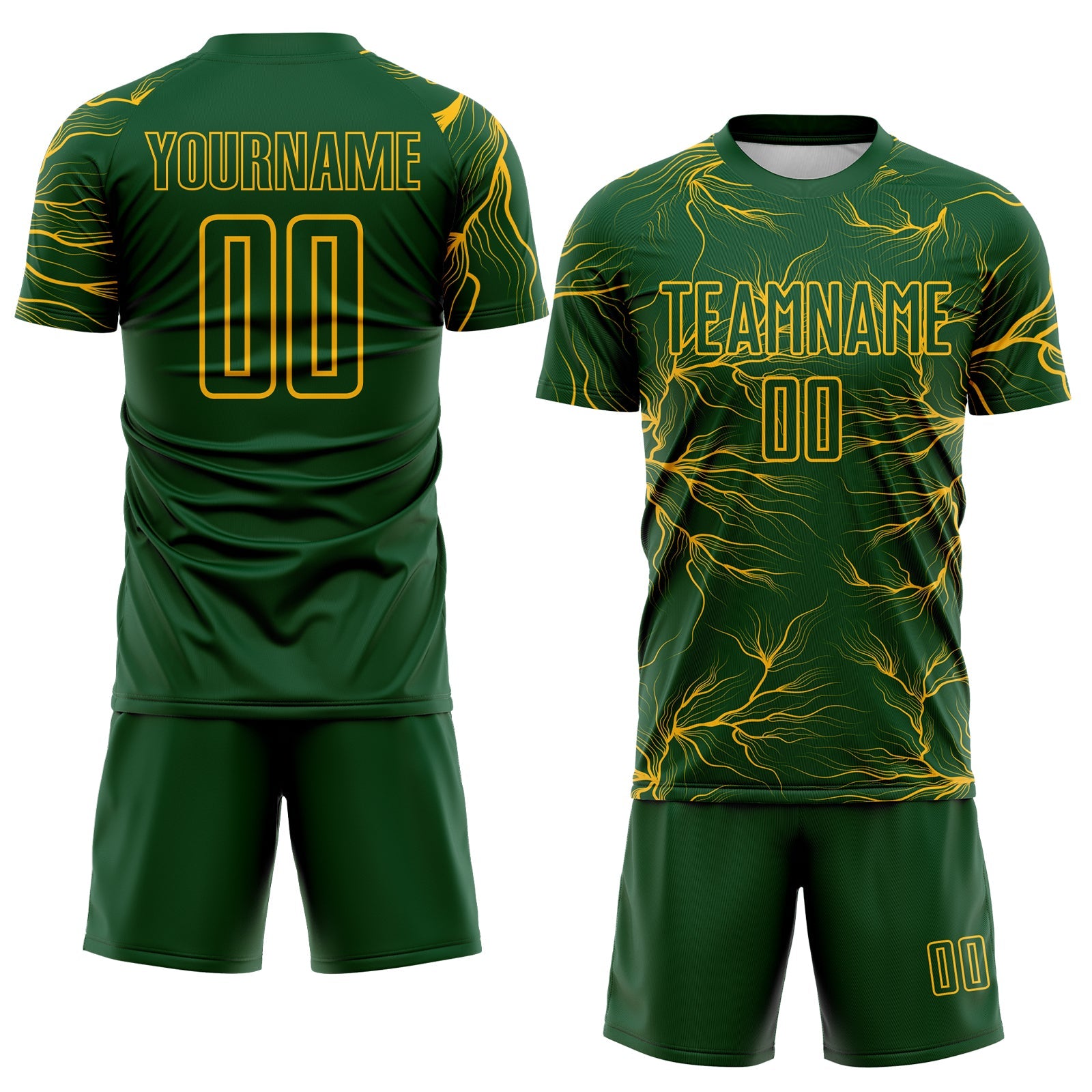 Custom Green Gold Lightning Electric Veins Sublimation Soccer Uniform Jersey view 2
