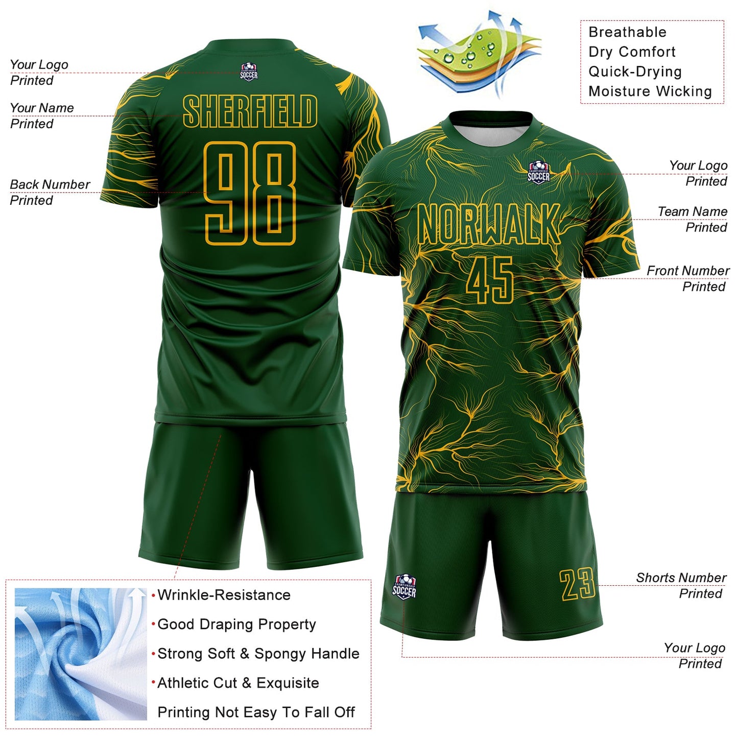 Custom Green Gold Lightning Electric Veins Sublimation Soccer Uniform Jersey view 4
