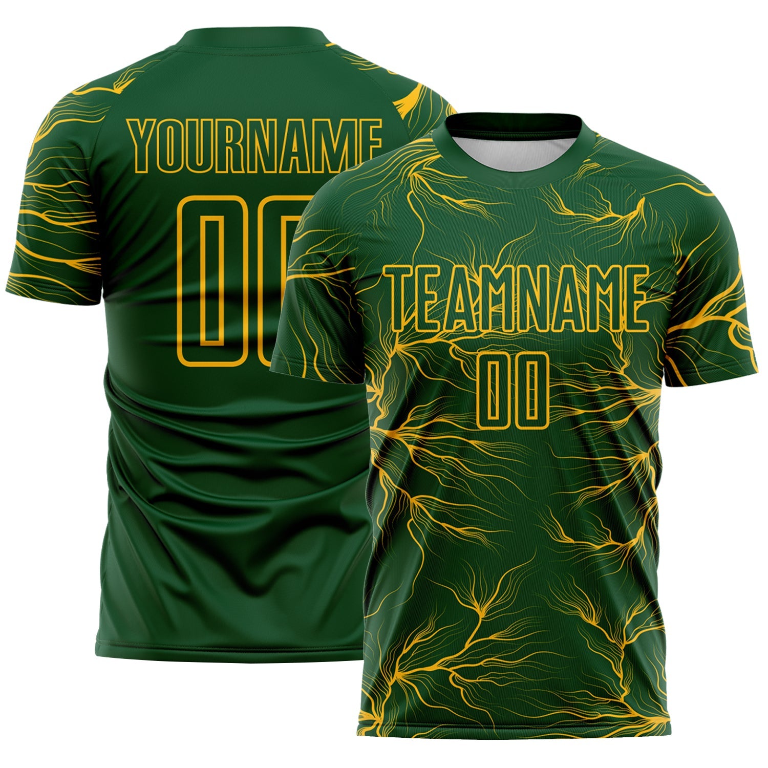Custom Green Gold Lightning Electric Veins Sublimation Soccer Uniform Jersey - Main View