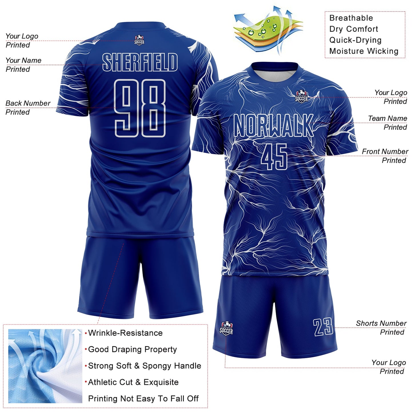 Custom Royal White Lightning Electric Veins Sublimation Soccer Uniform Jersey view 4