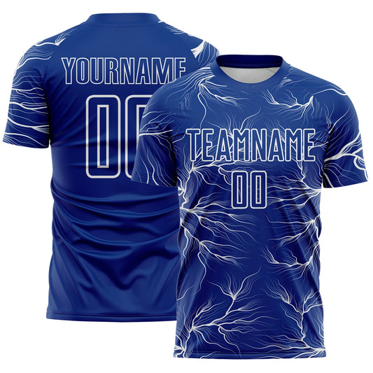 Custom Royal White Lightning Electric Veins Sublimation Soccer Uniform Jersey - Main View