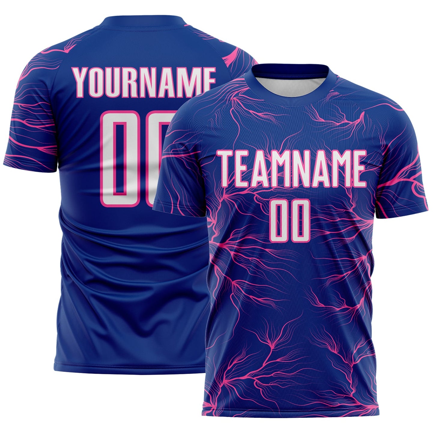 Custom Royal White-Pink Lightning Electric Veins Sublimation Soccer Uniform Jersey - Main View