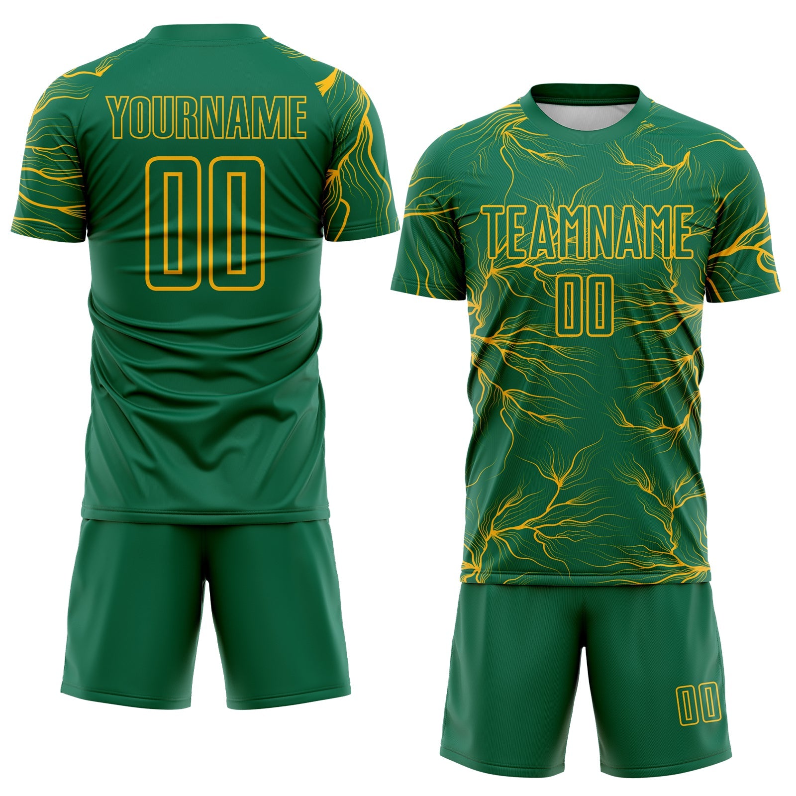 Custom Kelly Green Gold Lightning Electric Veins Sublimation Soccer Uniform Jersey view 2