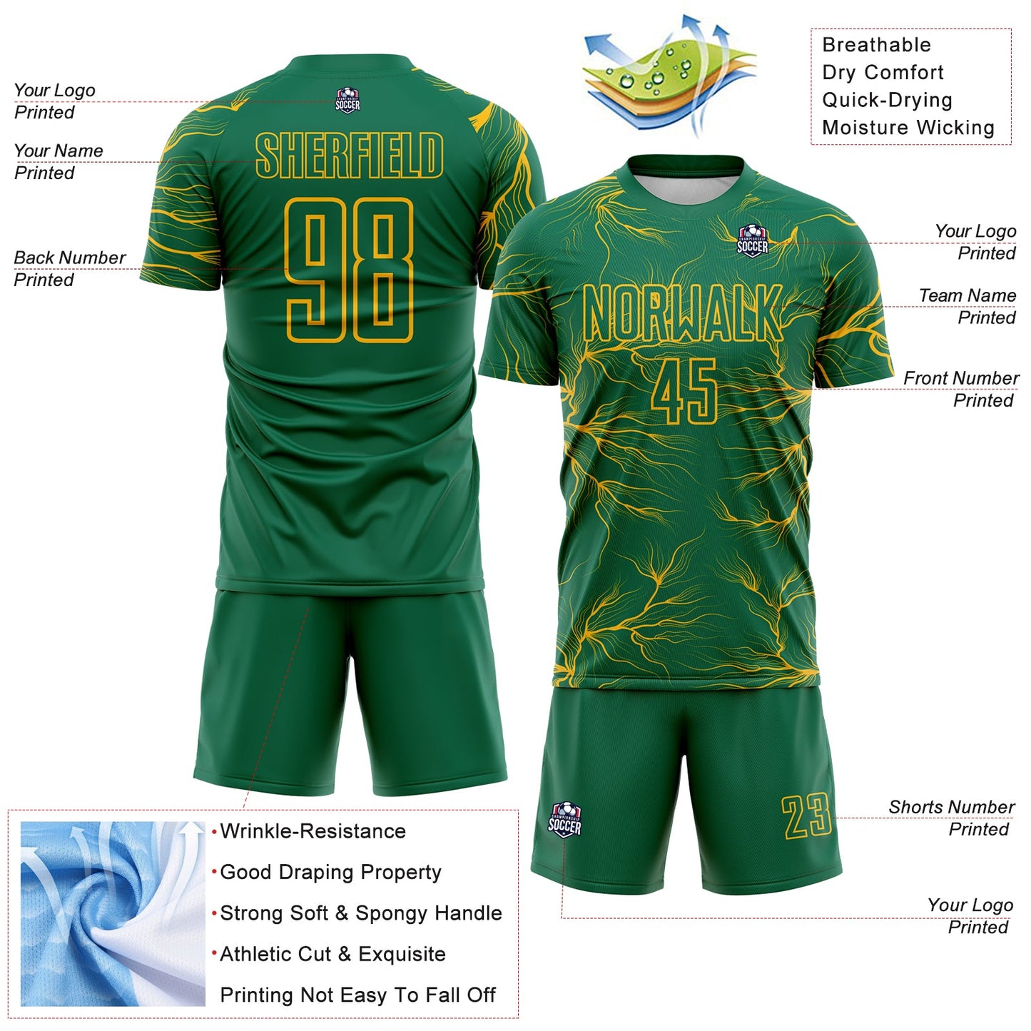 Custom Kelly Green Gold Lightning Electric Veins Sublimation Soccer Uniform Jersey view 4
