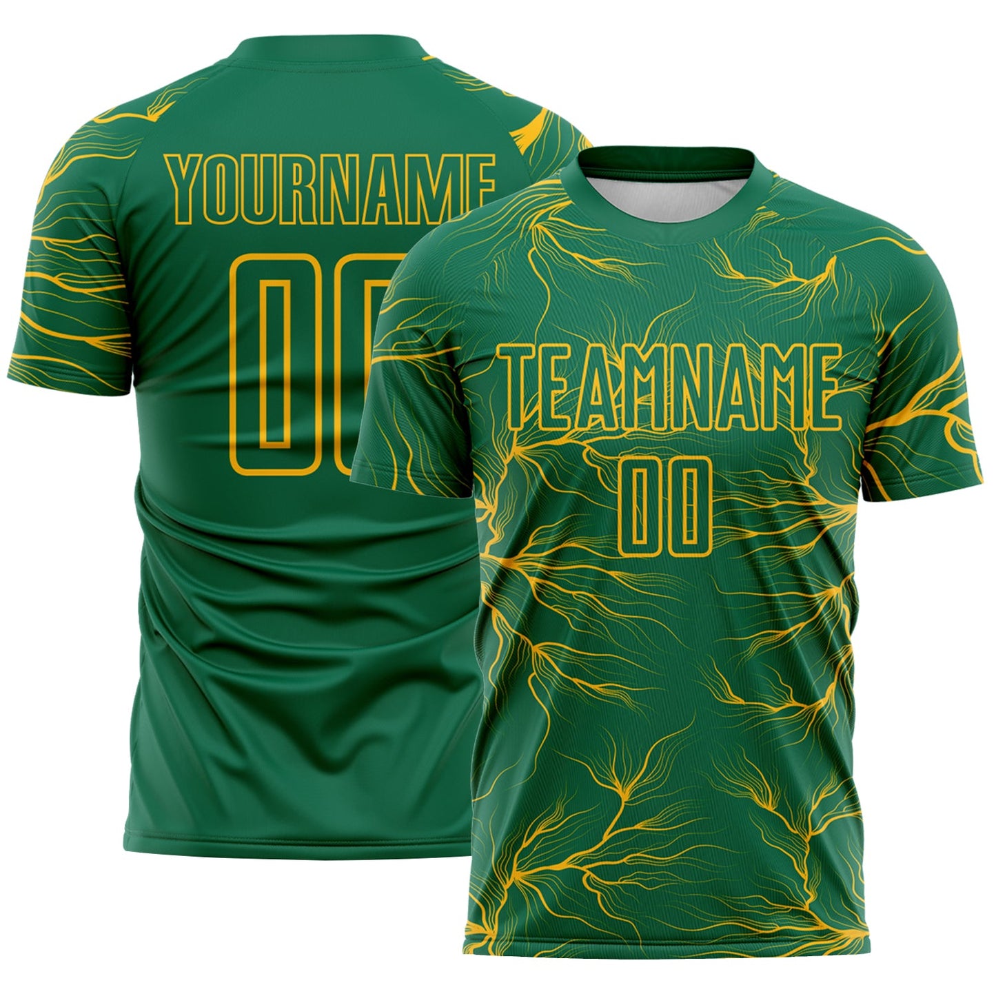Custom Kelly Green Gold Lightning Electric Veins Sublimation Soccer Uniform Jersey - Main View