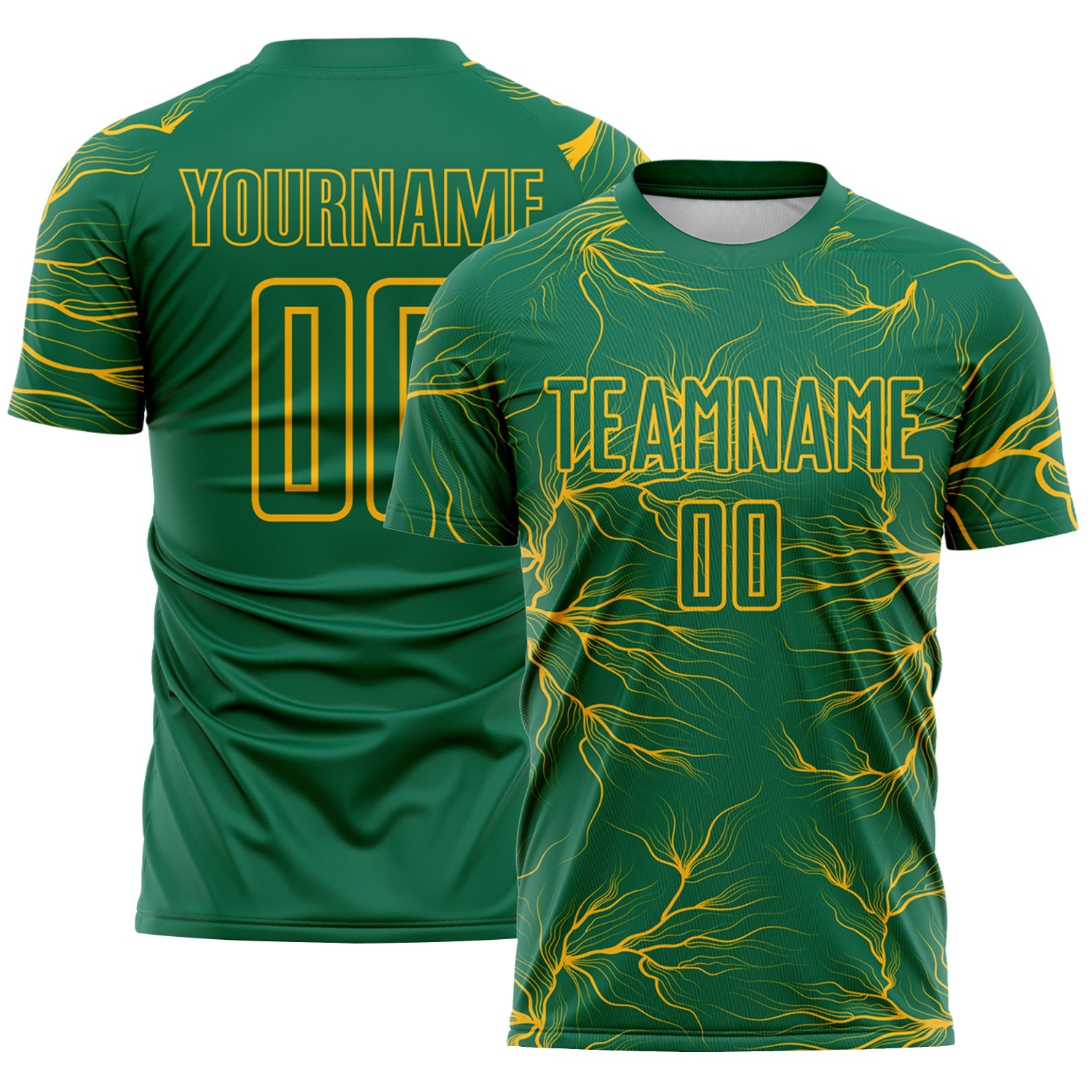 Custom Kelly Green Gold Lightning Electric Veins Sublimation Soccer Uniform Jersey - Main View