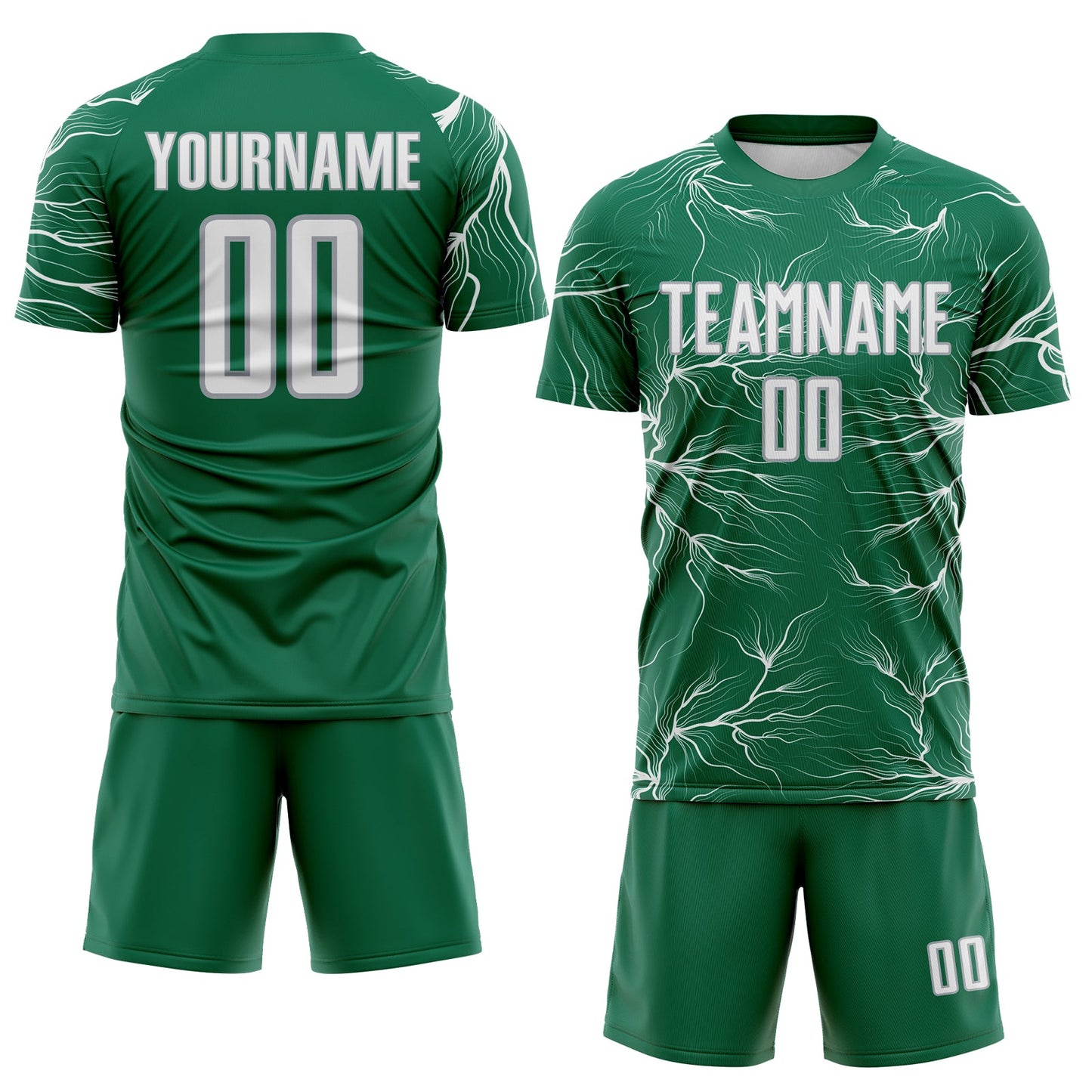 Custom Kelly Green White-Gray Lightning Electric Veins Sublimation Soccer Uniform Jersey view 2
