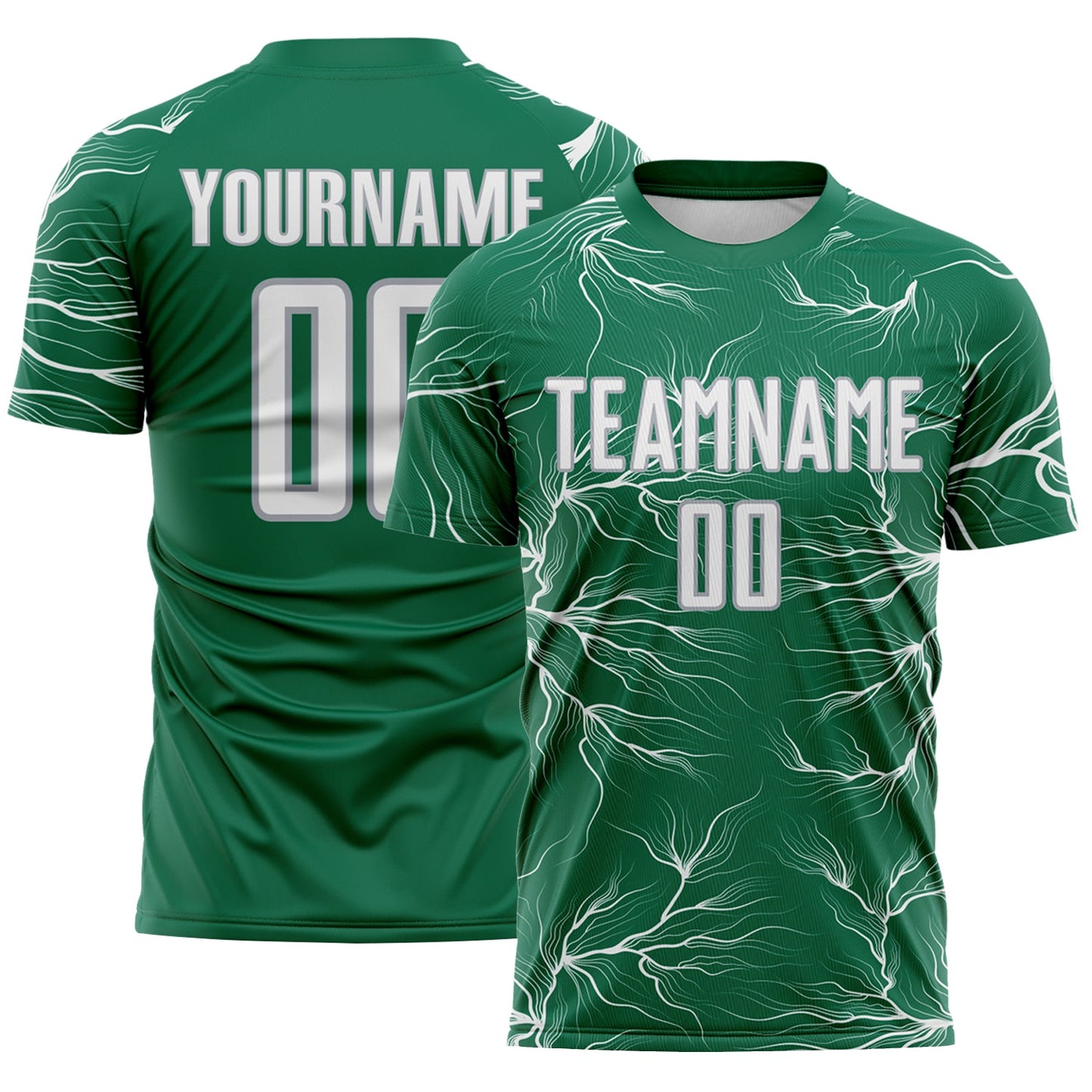 Custom Kelly Green White-Gray Lightning Electric Veins Sublimation Soccer Uniform Jersey - Main View