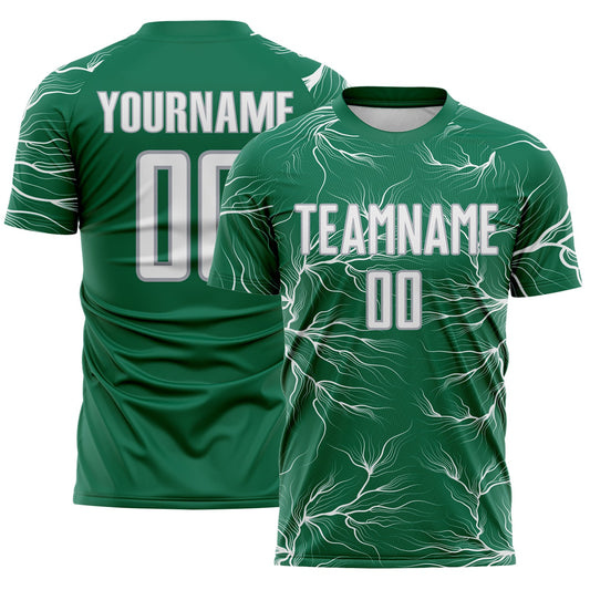 Custom Kelly Green White-Gray Lightning Electric Veins Sublimation Soccer Uniform Jersey - Main View