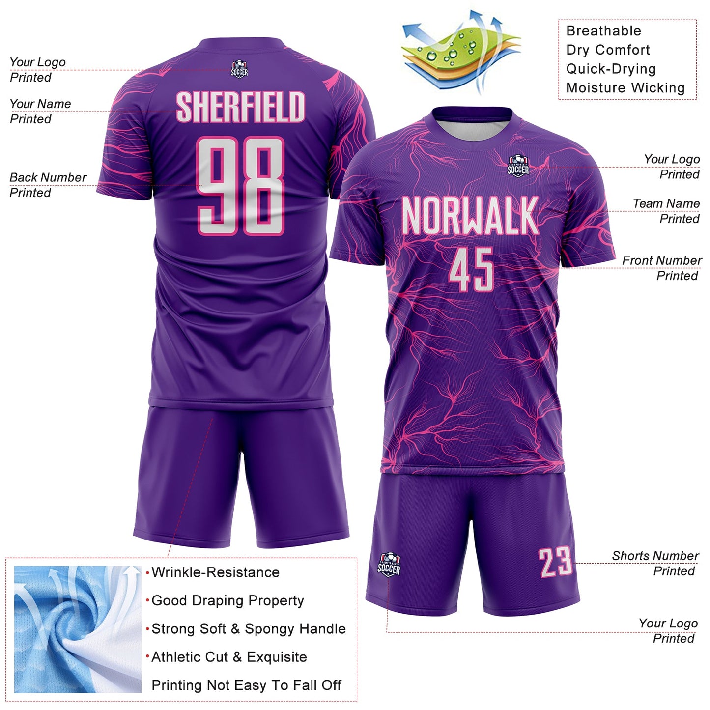 Custom Purple White-Pink Lightning Electric Veins Sublimation Soccer Uniform Jersey view 4