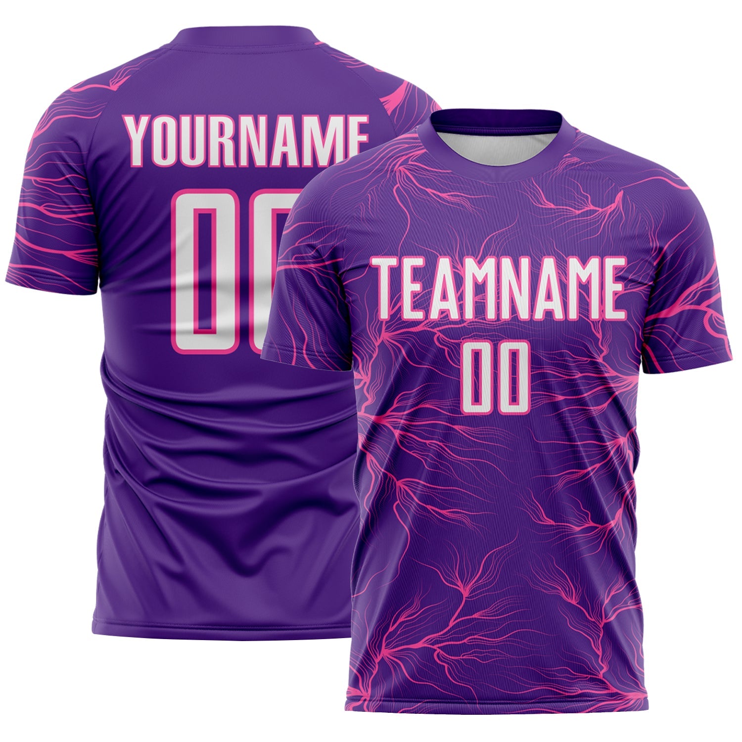 Custom Purple White-Pink Lightning Electric Veins Sublimation Soccer Uniform Jersey - Main View