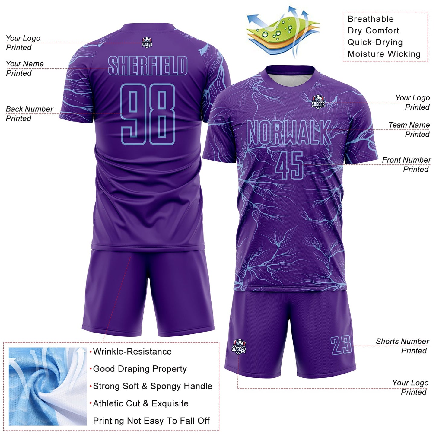 Custom Purple Light Blue Lightning Electric Veins Sublimation Soccer Uniform Jersey view 4