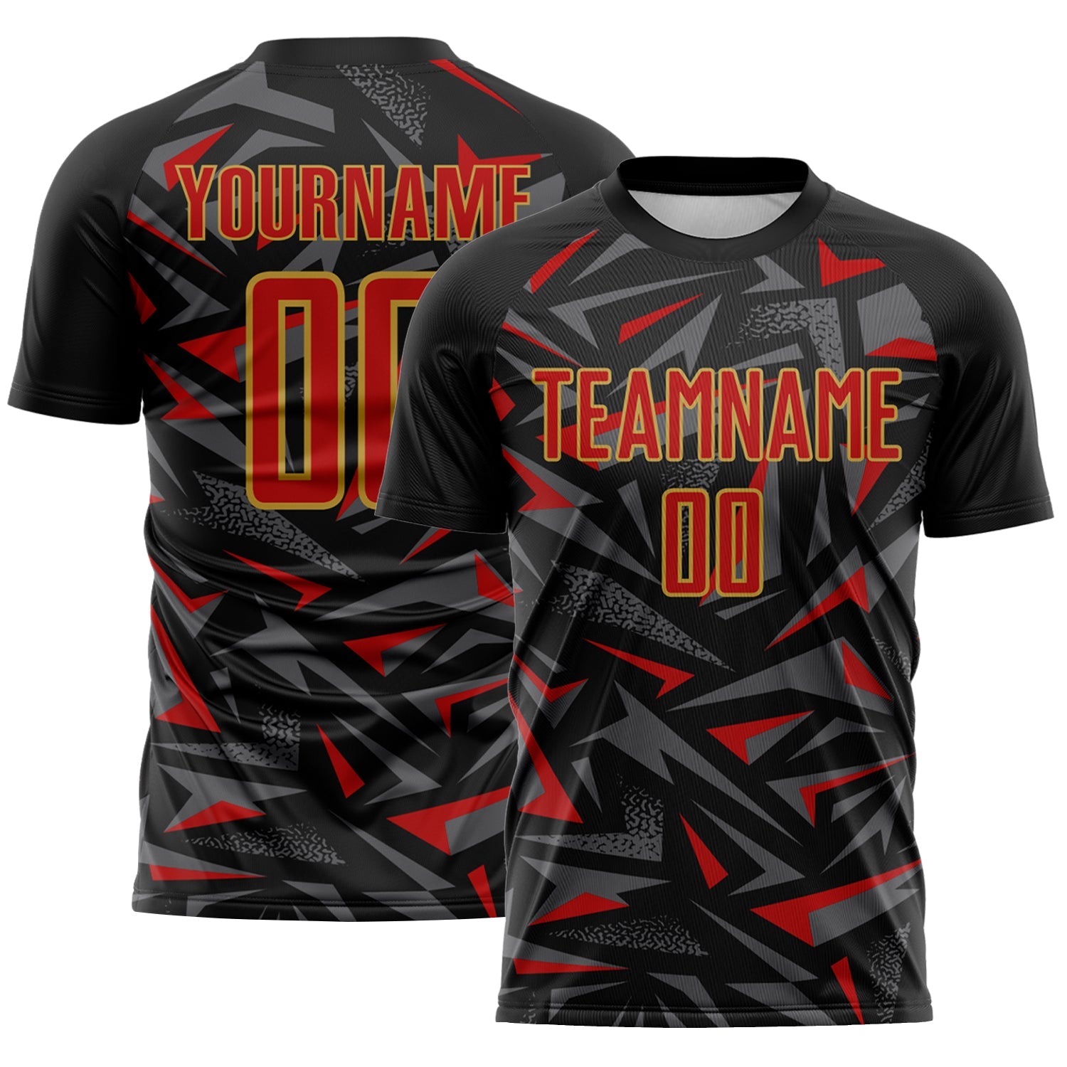 Custom Black Red Old Gold-Steel Gray Cyber Mecha E-sport Geometric Shards Spike Sublimation Soccer Uniform Jersey - Main View