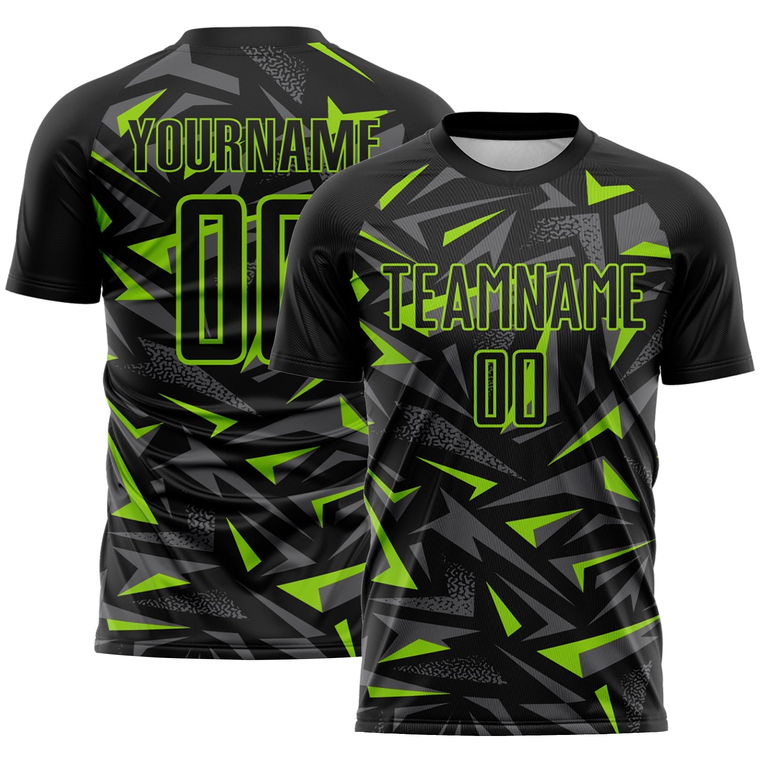 Custom Black Neon Green-Steel Gray Cyber Mecha E-sport Geometric Shards Spike Sublimation Soccer Uniform Jersey - Main View