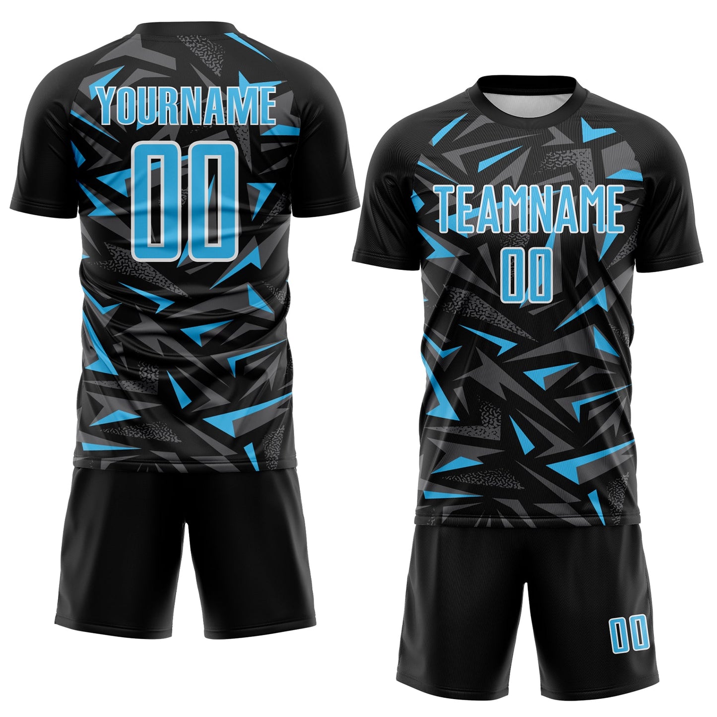 Custom Black Sky Blue Steel Gray-White Cyber Mecha E-sport Geometric Shards Spike Sublimation Soccer Uniform Jersey view 2