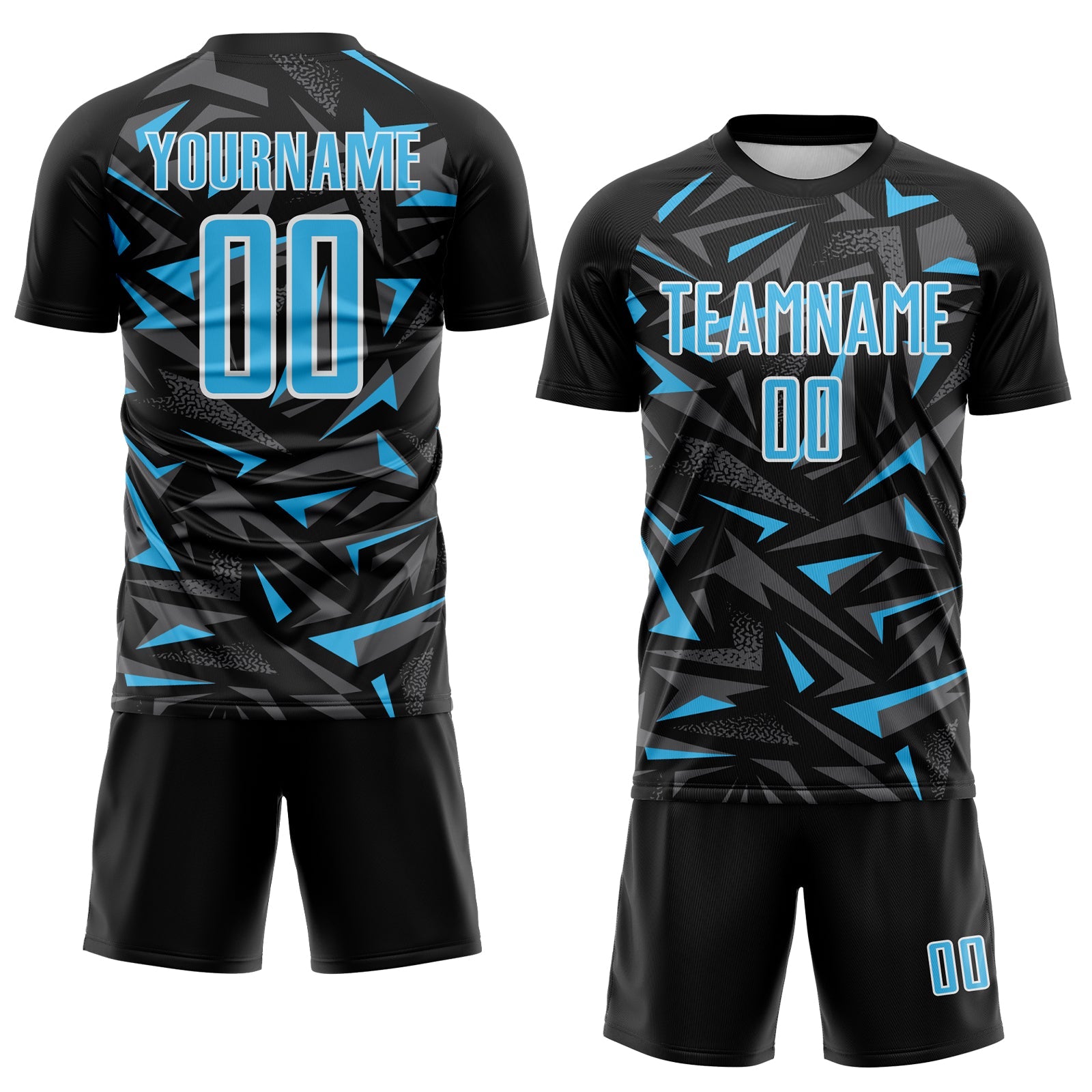 Custom Black Sky Blue Steel Gray-White Cyber Mecha E-sport Geometric Shards Spike Sublimation Soccer Uniform Jersey view 2