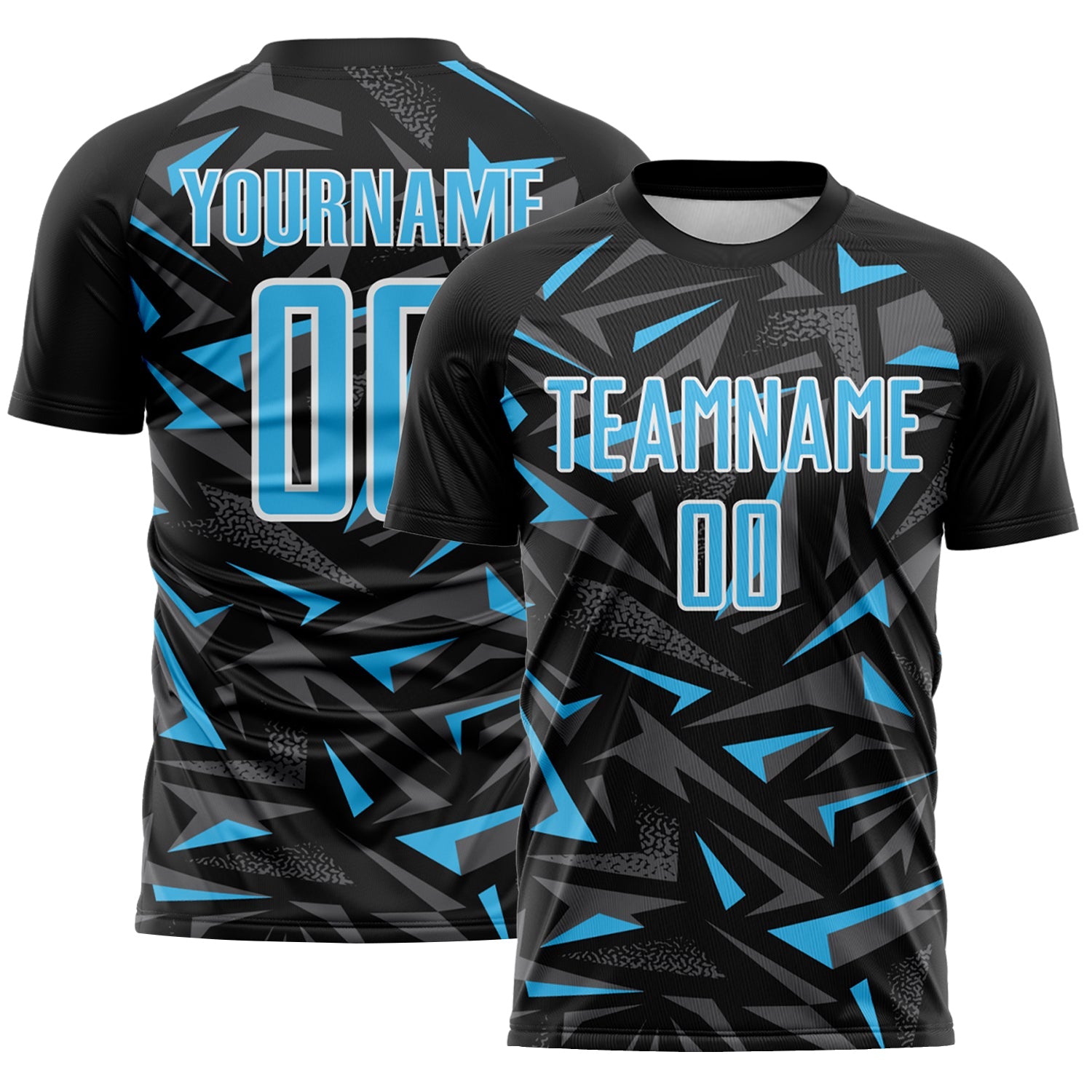 Custom Black Sky Blue Steel Gray-White Cyber Mecha E-sport Geometric Shards Spike Sublimation Soccer Uniform Jersey - Main View