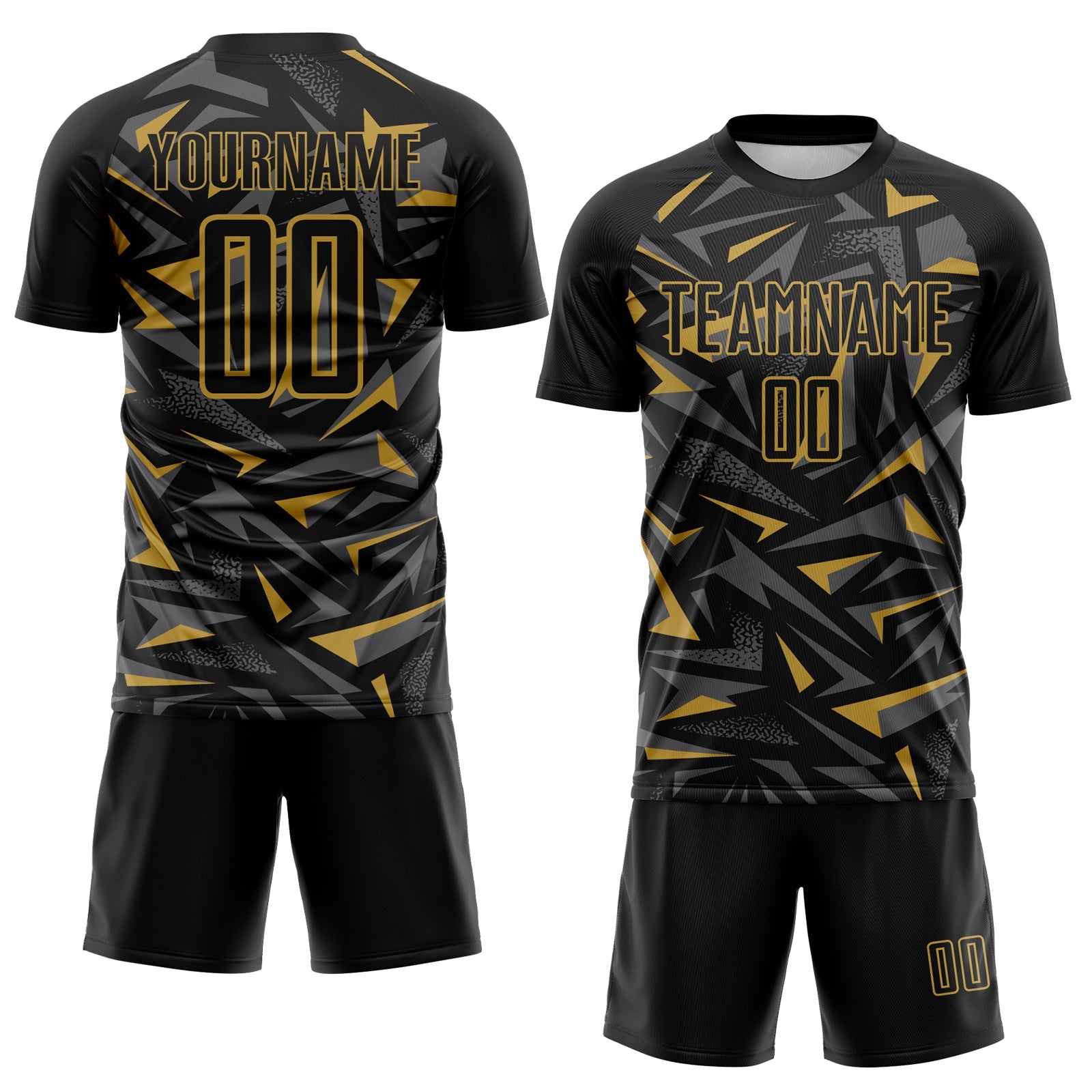 Custom Black Old Gold-Steel Gray Cyber Mecha E-sport Geometric Shards Spike Sublimation Soccer Uniform Jersey view 2