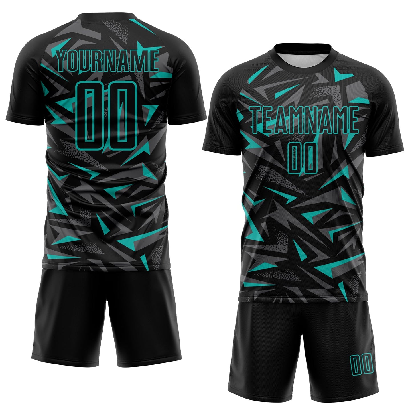 Custom Black Aqua-Steel Gray Cyber Mecha E-sport Geometric Shards Spike Sublimation Soccer Uniform Jersey view 2