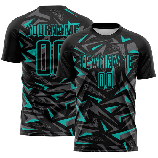 Custom Black Aqua-Steel Gray Cyber Mecha E-sport Geometric Shards Spike Sublimation Soccer Uniform Jersey - Main View