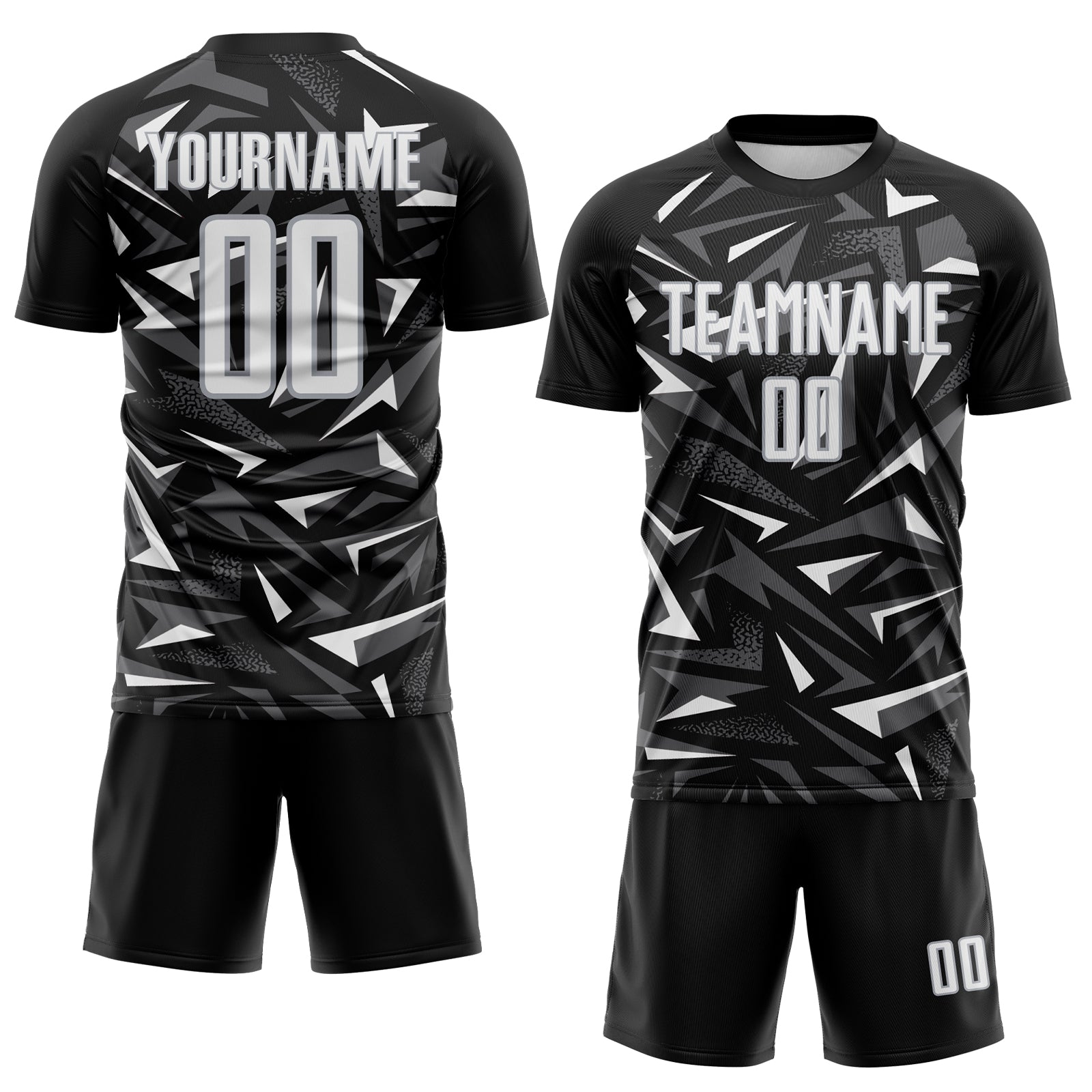 Custom Black White Steel Gray-Gray Cyber Mecha E-sport Geometric Shards Spike Sublimation Soccer Uniform Jersey view 2