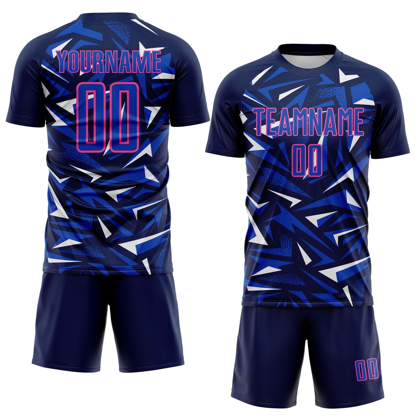 Custom Navy Thunder Blue Pink-White Cyber Mecha E-sport Geometric Shards Spike Sublimation Soccer Uniform Jersey view 2
