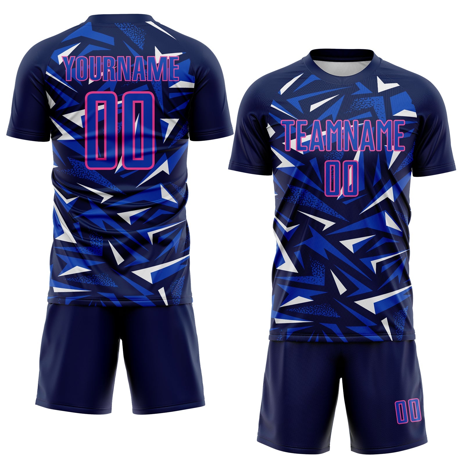 Custom Navy Thunder Blue Pink-White Cyber Mecha E-sport Geometric Shards Spike Sublimation Soccer Uniform Jersey view 2