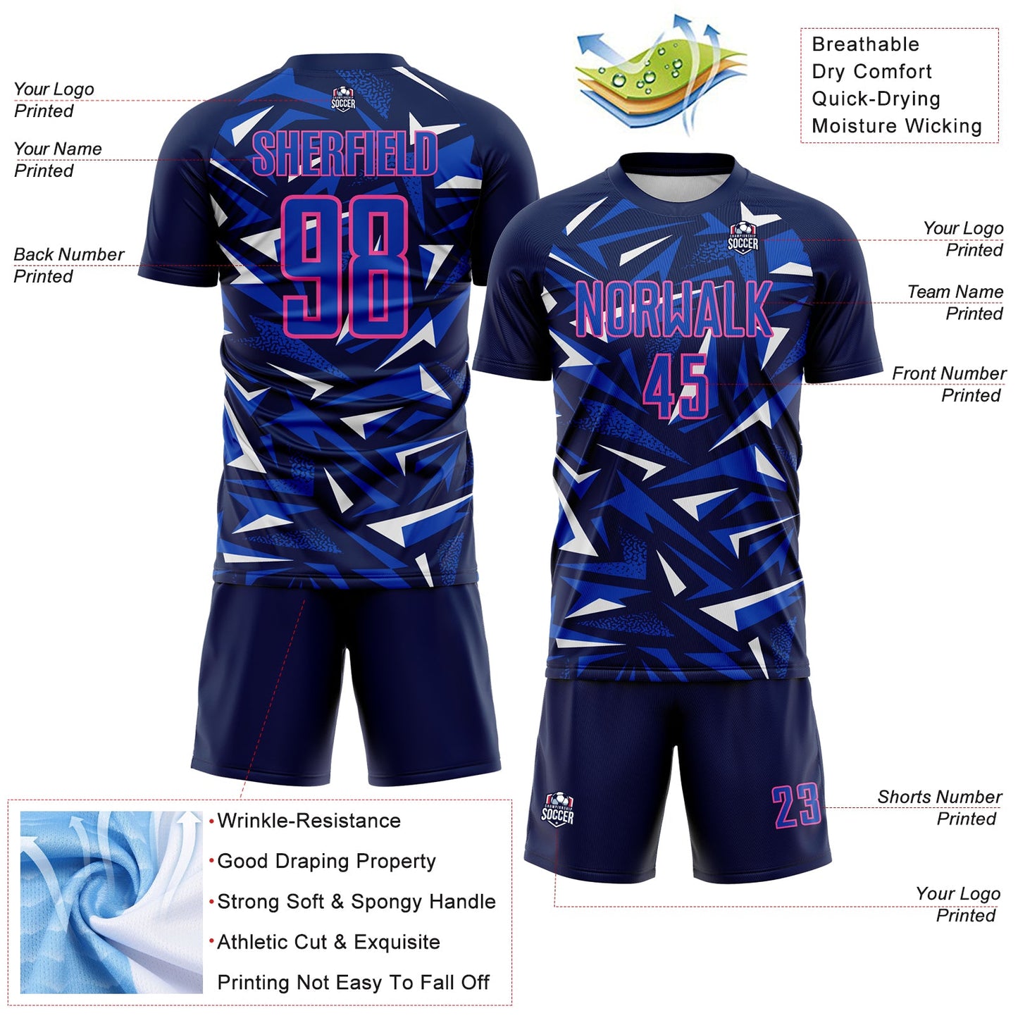 Custom Navy Thunder Blue Pink-White Cyber Mecha E-sport Geometric Shards Spike Sublimation Soccer Uniform Jersey view 4