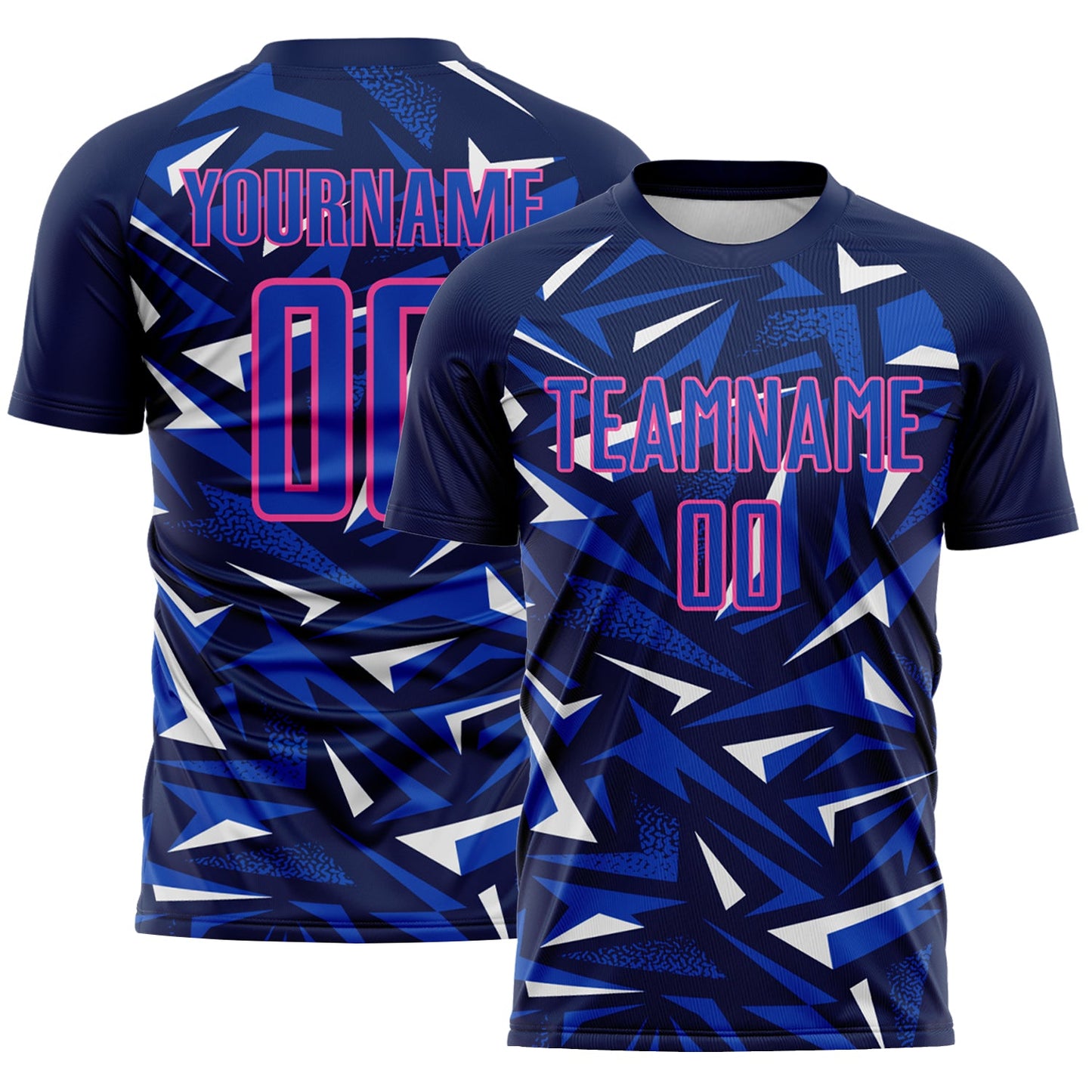 Custom Navy Thunder Blue Pink-White Cyber Mecha E-sport Geometric Shards Spike Sublimation Soccer Uniform Jersey - Main View