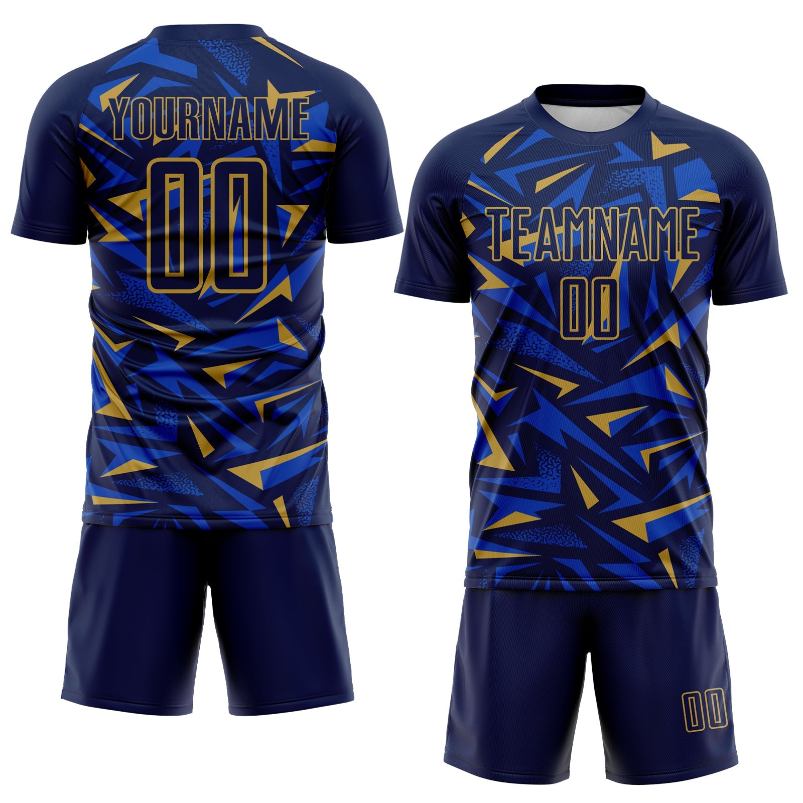Custom Navy Old Gold-Thunder Blue Cyber Mecha E-sport Geometric Shards Spike Sublimation Soccer Uniform Jersey view 2