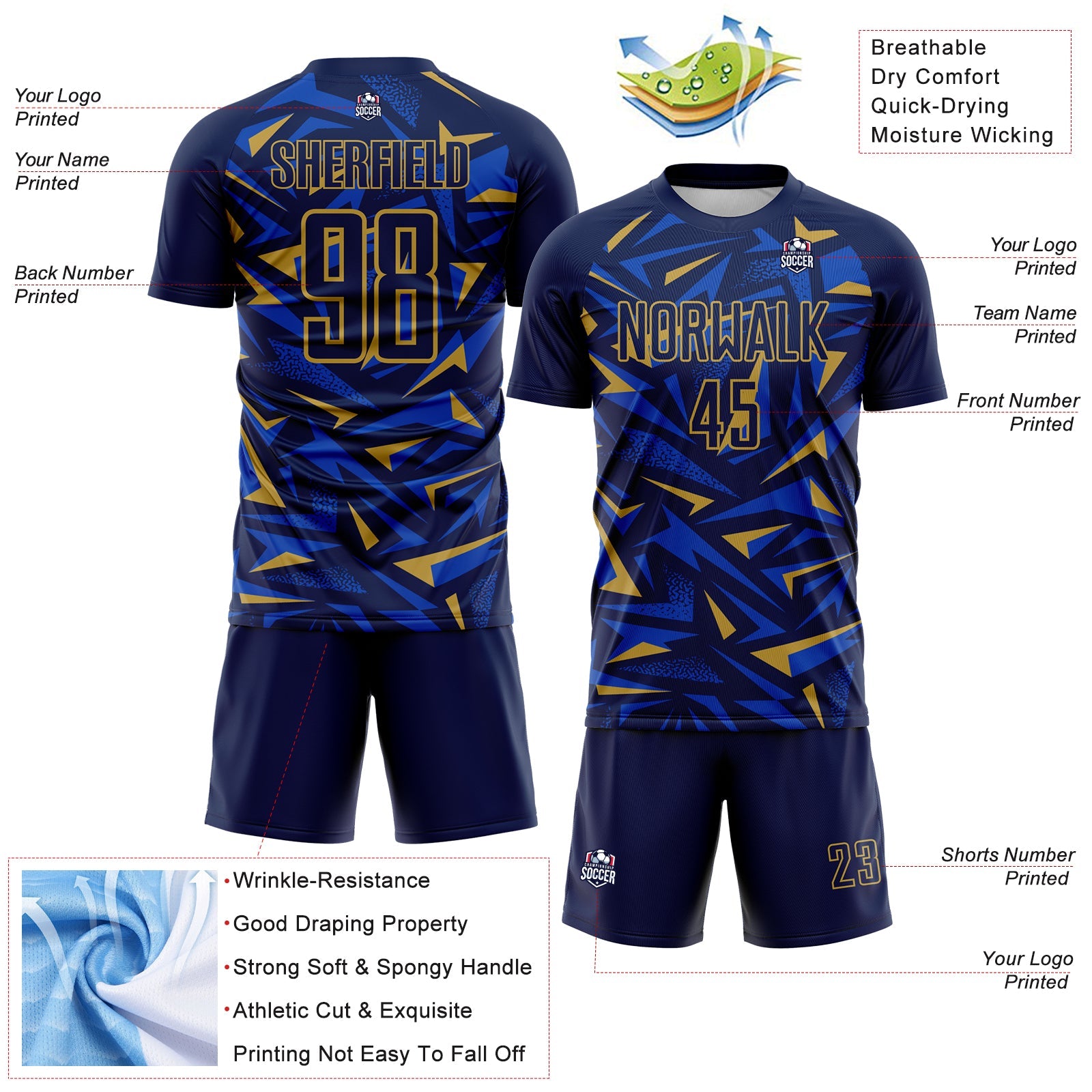 Custom Navy Old Gold-Thunder Blue Cyber Mecha E-sport Geometric Shards Spike Sublimation Soccer Uniform Jersey view 4