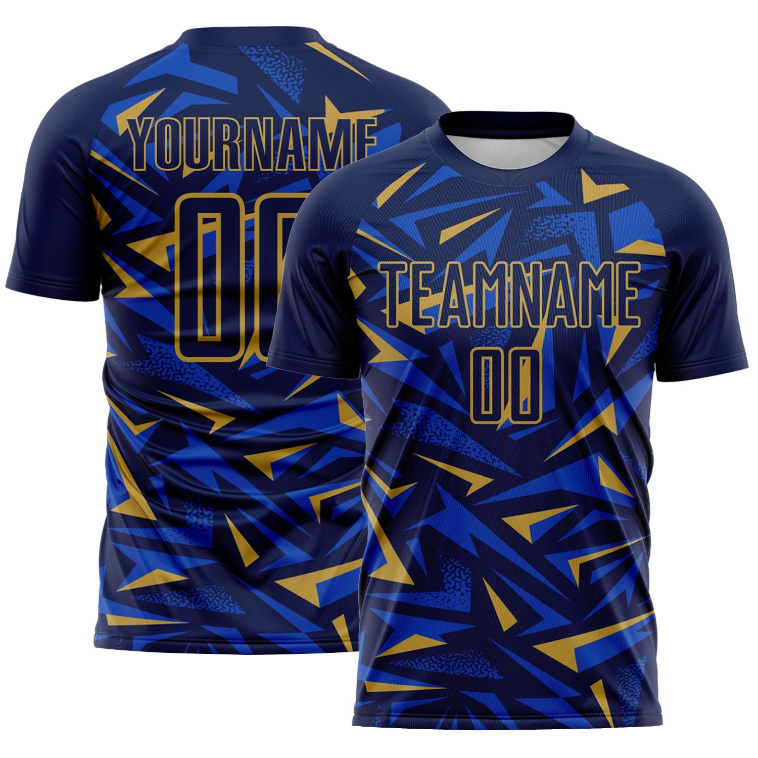 Custom Navy Old Gold-Thunder Blue Cyber Mecha E-sport Geometric Shards Spike Sublimation Soccer Uniform Jersey - Main View