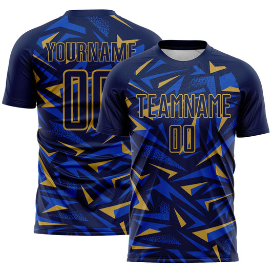 Custom Navy Old Gold-Thunder Blue Cyber Mecha E-sport Geometric Shards Spike Sublimation Soccer Uniform Jersey - Main View