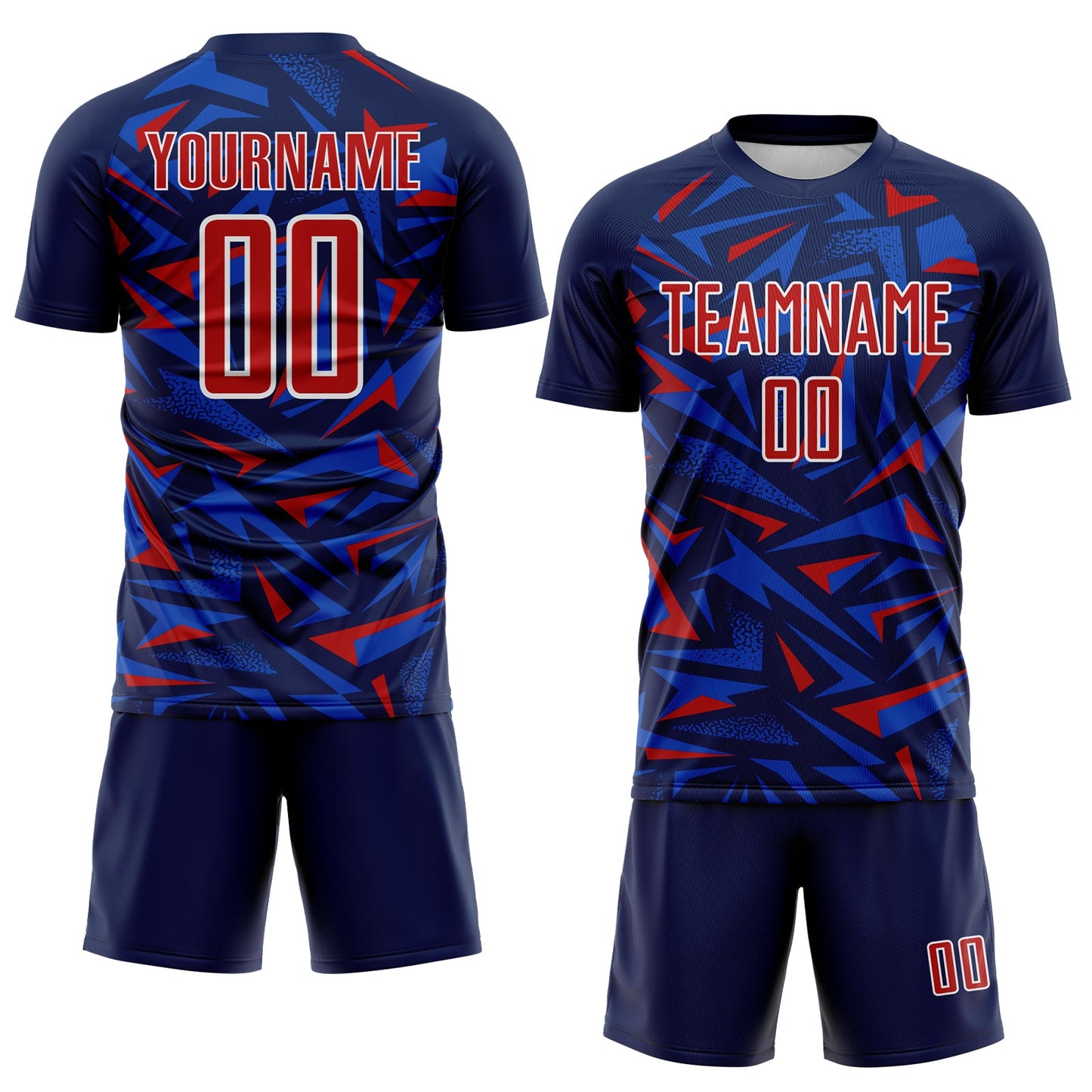 Custom Navy Red Thunder Blue-White Cyber Mecha E-sport Geometric Shards Spike Sublimation Soccer Uniform Jersey view 2