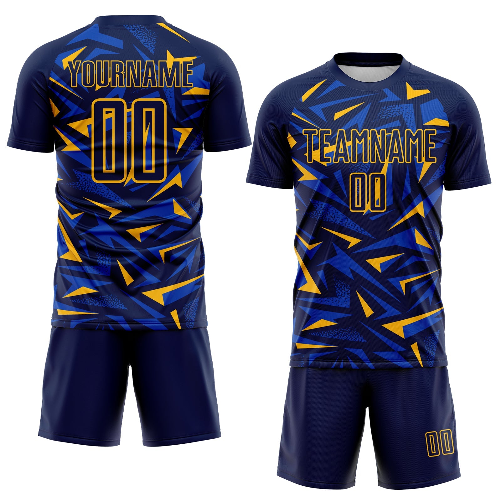 Custom Navy Gold-Thunder Blue Cyber Mecha E-sport Geometric Shards Spike Sublimation Soccer Uniform Jersey view 2