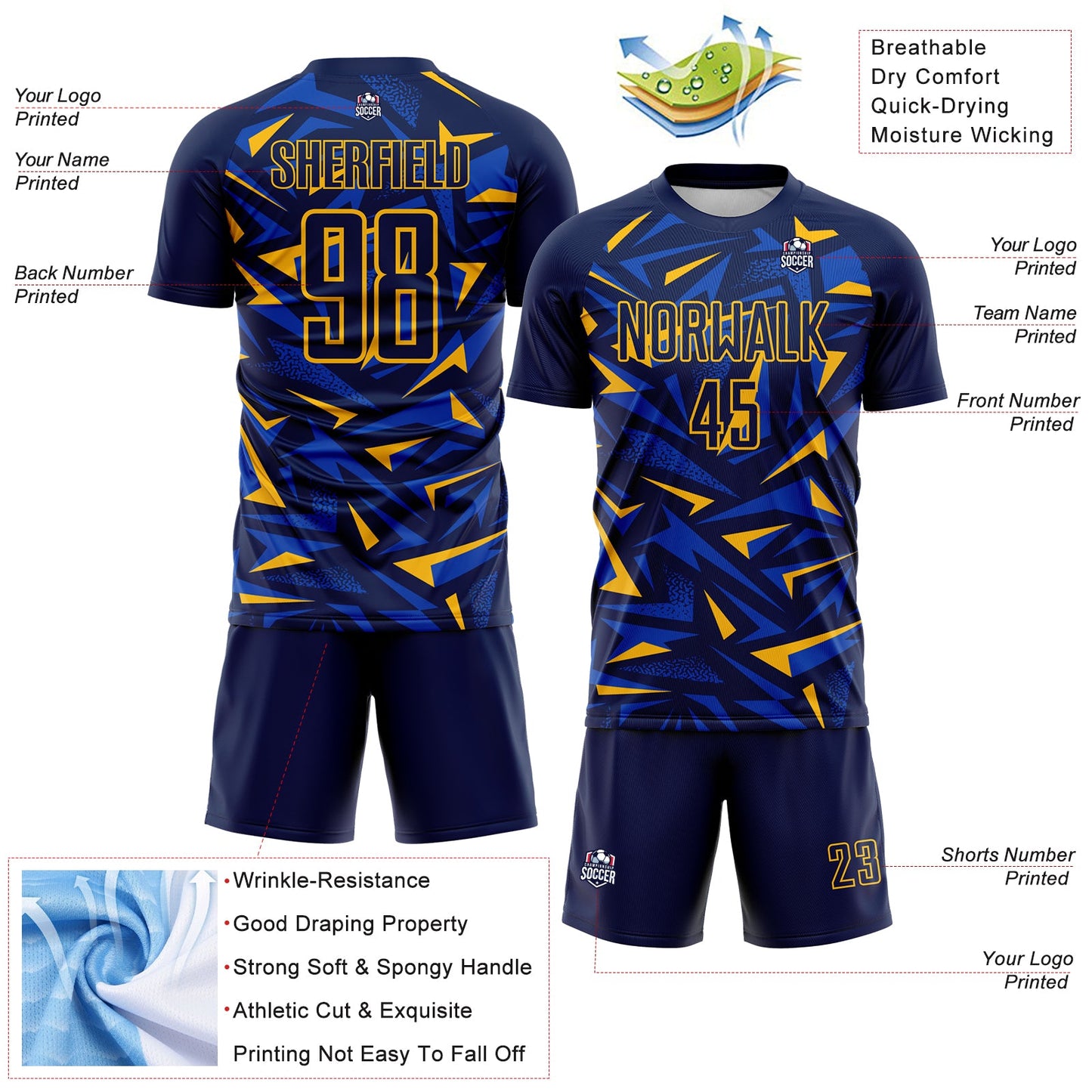 Custom Navy Gold-Thunder Blue Cyber Mecha E-sport Geometric Shards Spike Sublimation Soccer Uniform Jersey view 4