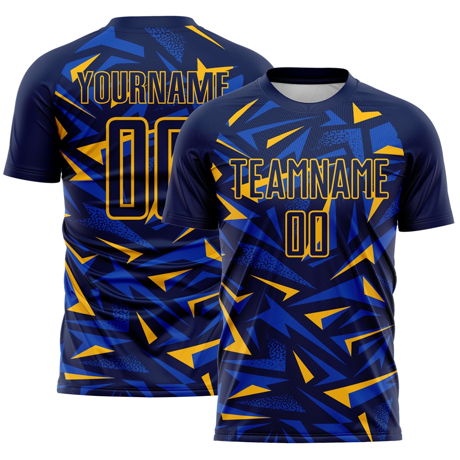 Custom Navy Gold-Thunder Blue Cyber Mecha E-sport Geometric Shards Spike Sublimation Soccer Uniform Jersey - Main View