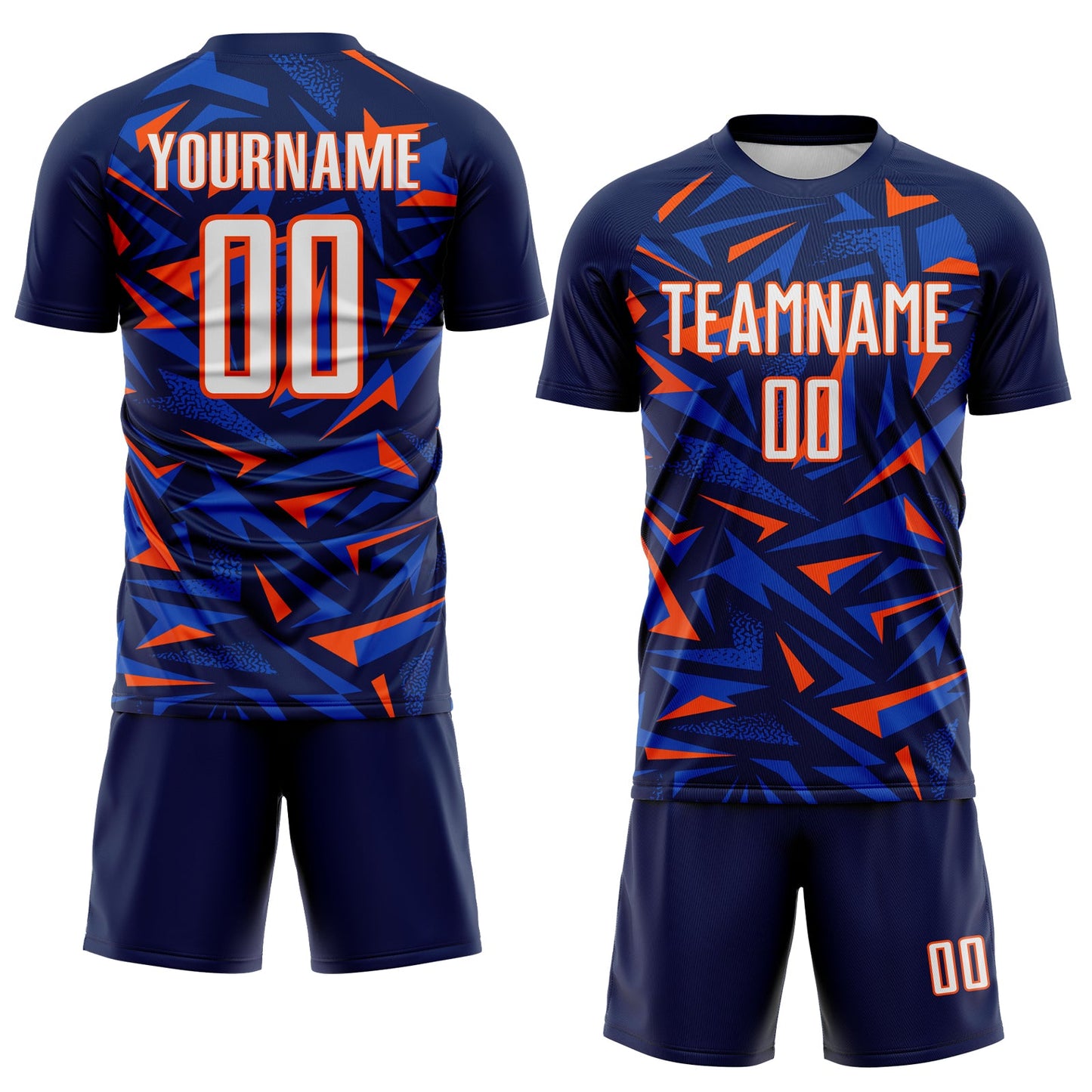 Custom Navy White Orange-Thunder Blue Cyber Mecha E-sport Geometric Shards Spike Sublimation Soccer Uniform Jersey view 2