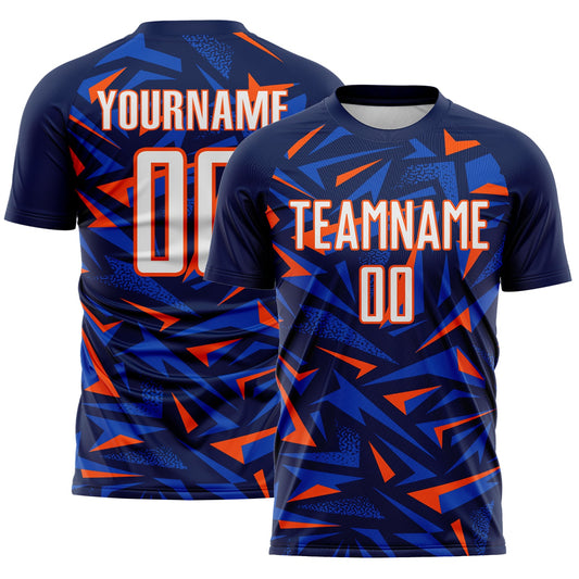 Custom Navy White Orange-Thunder Blue Cyber Mecha E-sport Geometric Shards Spike Sublimation Soccer Uniform Jersey - Main View