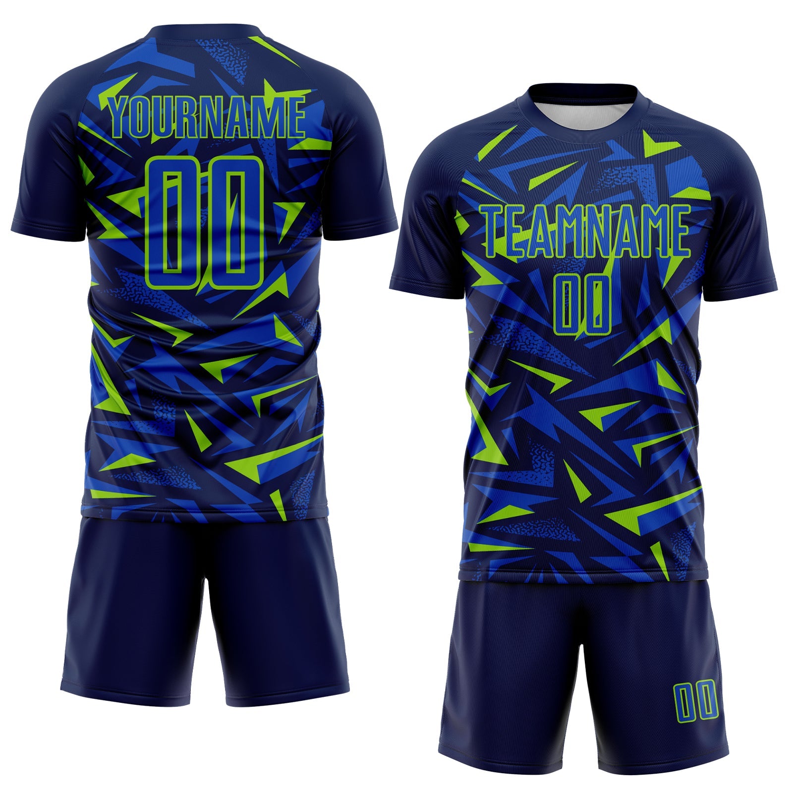 Custom Navy Thunder Blue-Neon Green Cyber Mecha E-sport Geometric Shards Spike Sublimation Soccer Uniform Jersey view 2