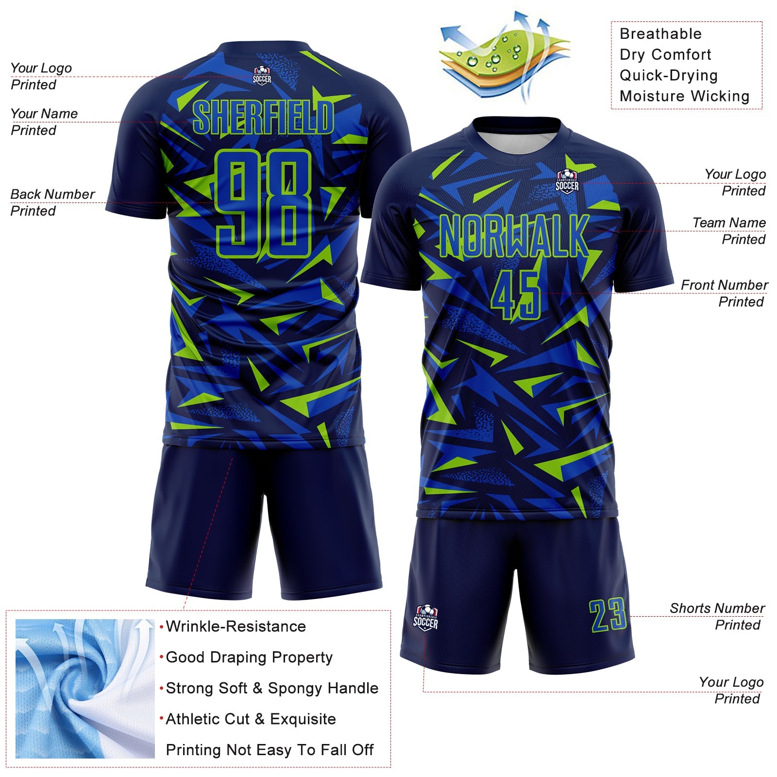 Custom Navy Thunder Blue-Neon Green Cyber Mecha E-sport Geometric Shards Spike Sublimation Soccer Uniform Jersey view 4