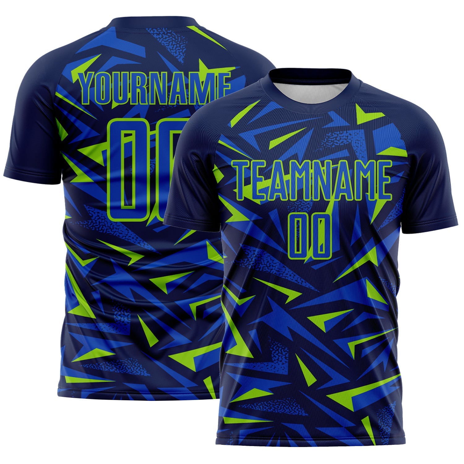 Custom Navy Thunder Blue-Neon Green Cyber Mecha E-sport Geometric Shards Spike Sublimation Soccer Uniform Jersey - Main View