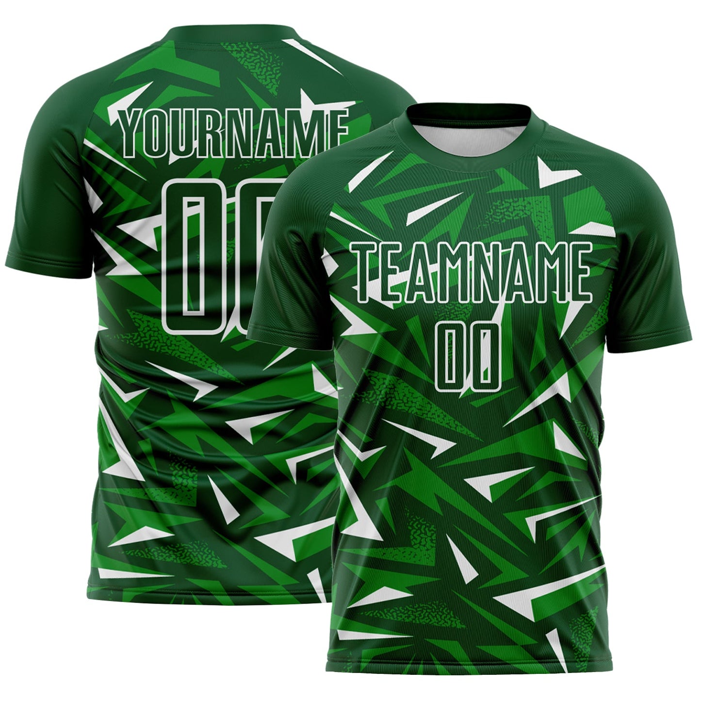 Custom Green Grass Green-White Cyber Mecha E-sport Geometric Shards Spike Sublimation Soccer Uniform Jersey - Main View