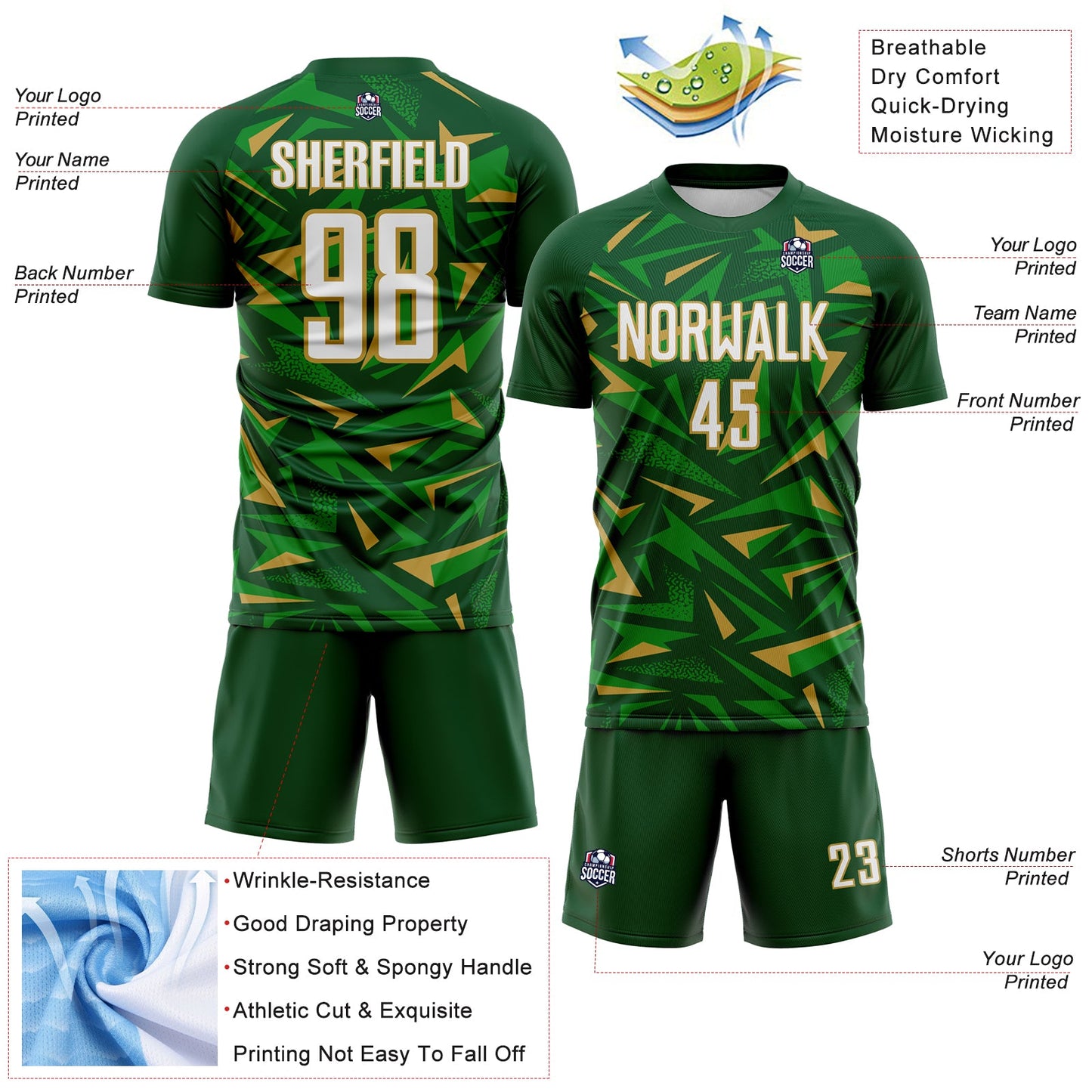 Custom Green White Old Gold-Grass Green Cyber Mecha E-sport Geometric Shards Spike Sublimation Soccer Uniform Jersey view 4