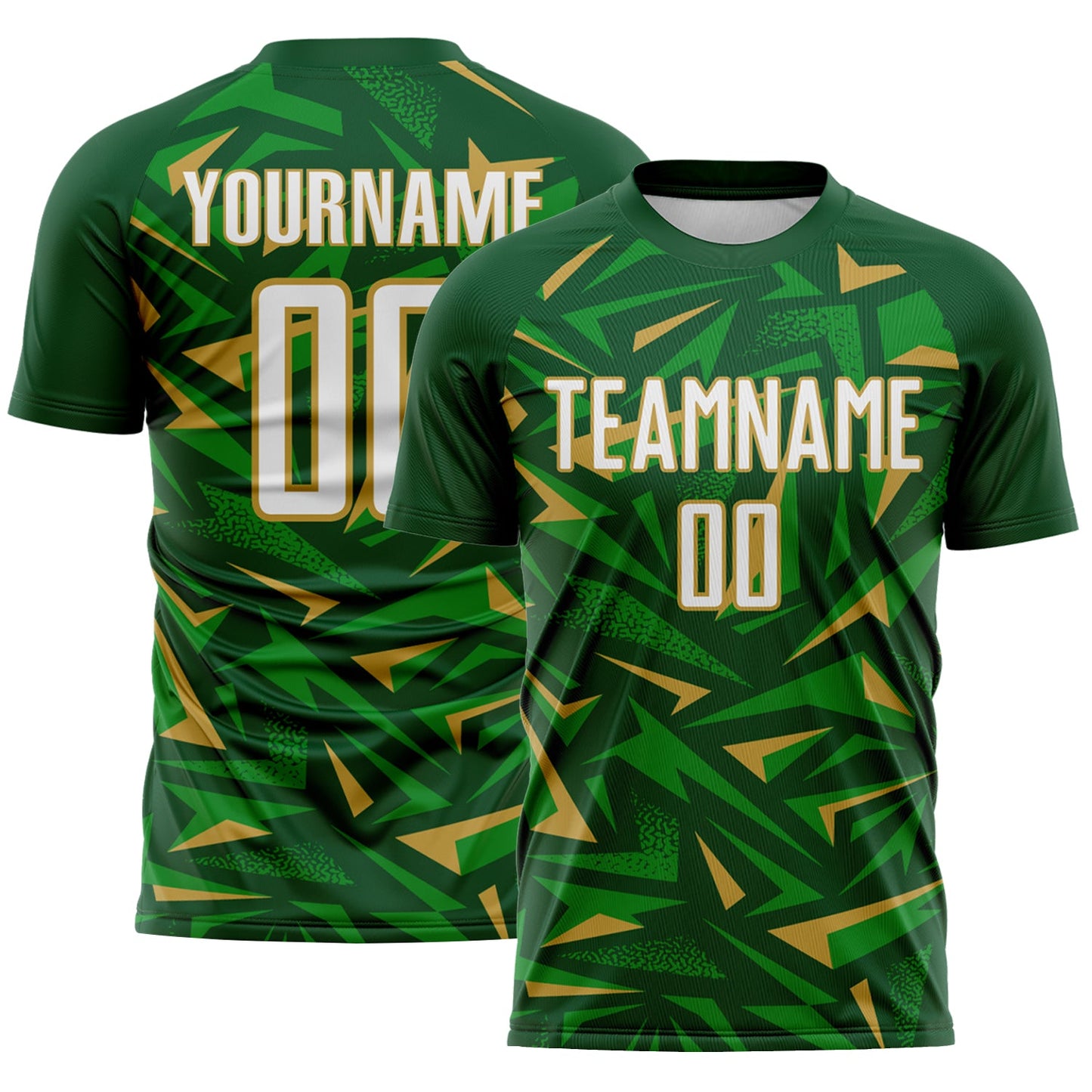 Custom Green White Old Gold-Grass Green Cyber Mecha E-sport Geometric Shards Spike Sublimation Soccer Uniform Jersey - Main View