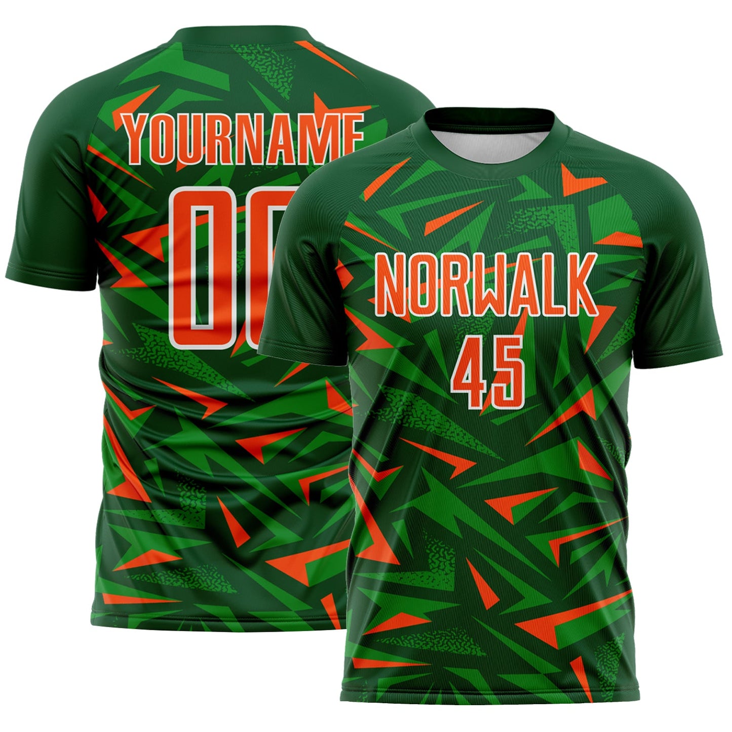 Custom Green Orange Grass Green-White Cyber Mecha E-sport Geometric Shards Spike Sublimation Soccer Uniform Jersey - Main View