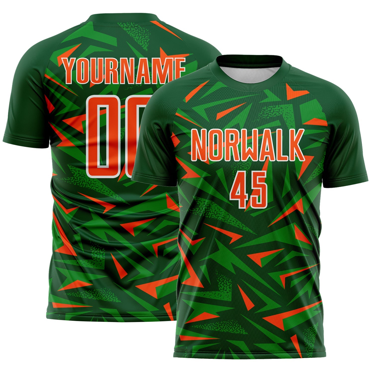 Custom Green Orange Grass Green-White Cyber Mecha E-sport Geometric Shards Spike Sublimation Soccer Uniform Jersey - Main View