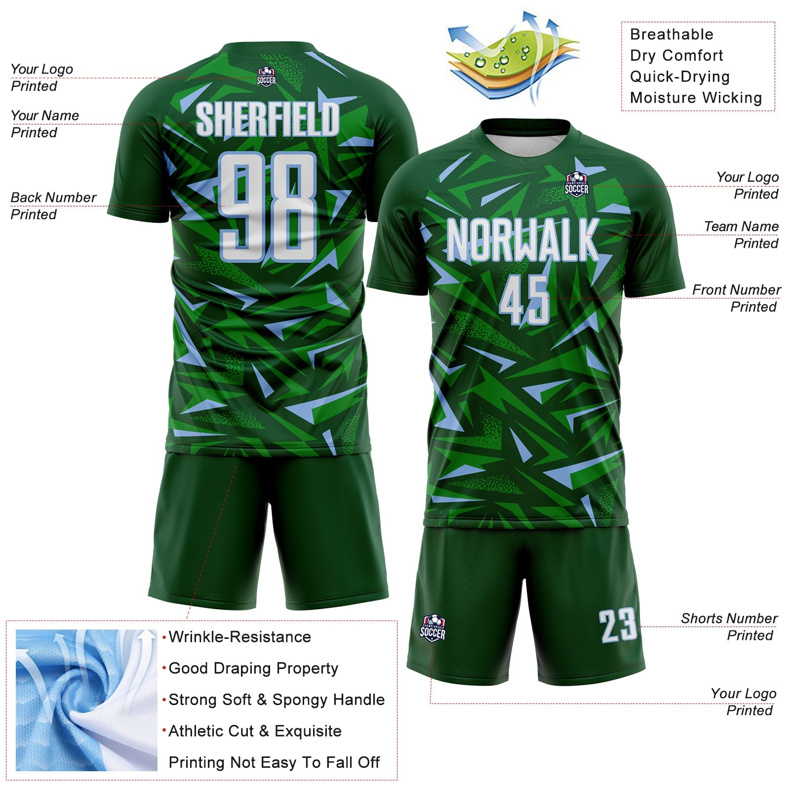 Custom Green White Light Blue-Grass Green Cyber Mecha E-sport Geometric Shards Spike Sublimation Soccer Uniform Jersey view 4