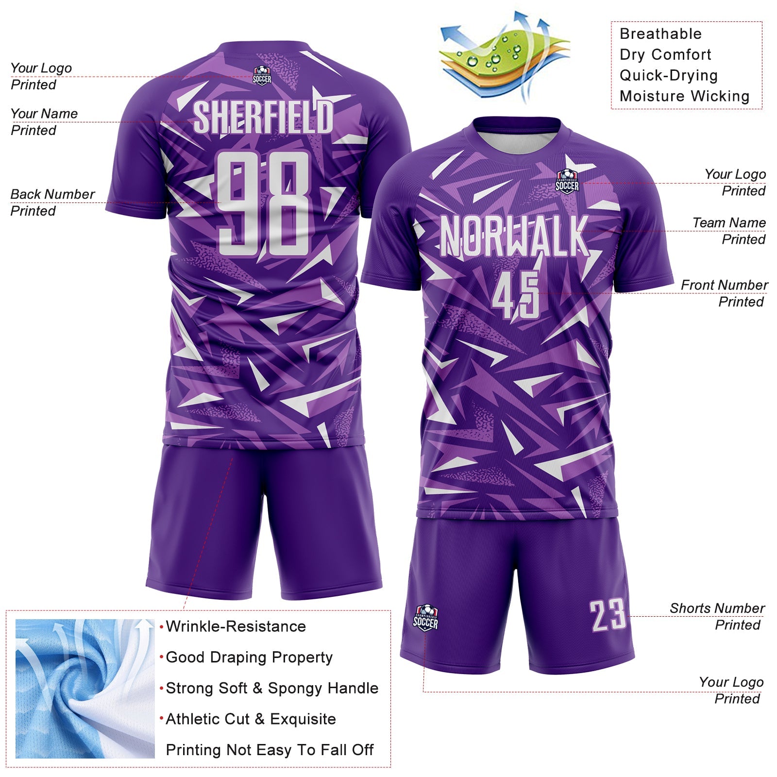 Custom Purple White-Medium Purple Cyber Mecha E-sport Geometric Shards Spike Sublimation Soccer Uniform Jersey view 4
