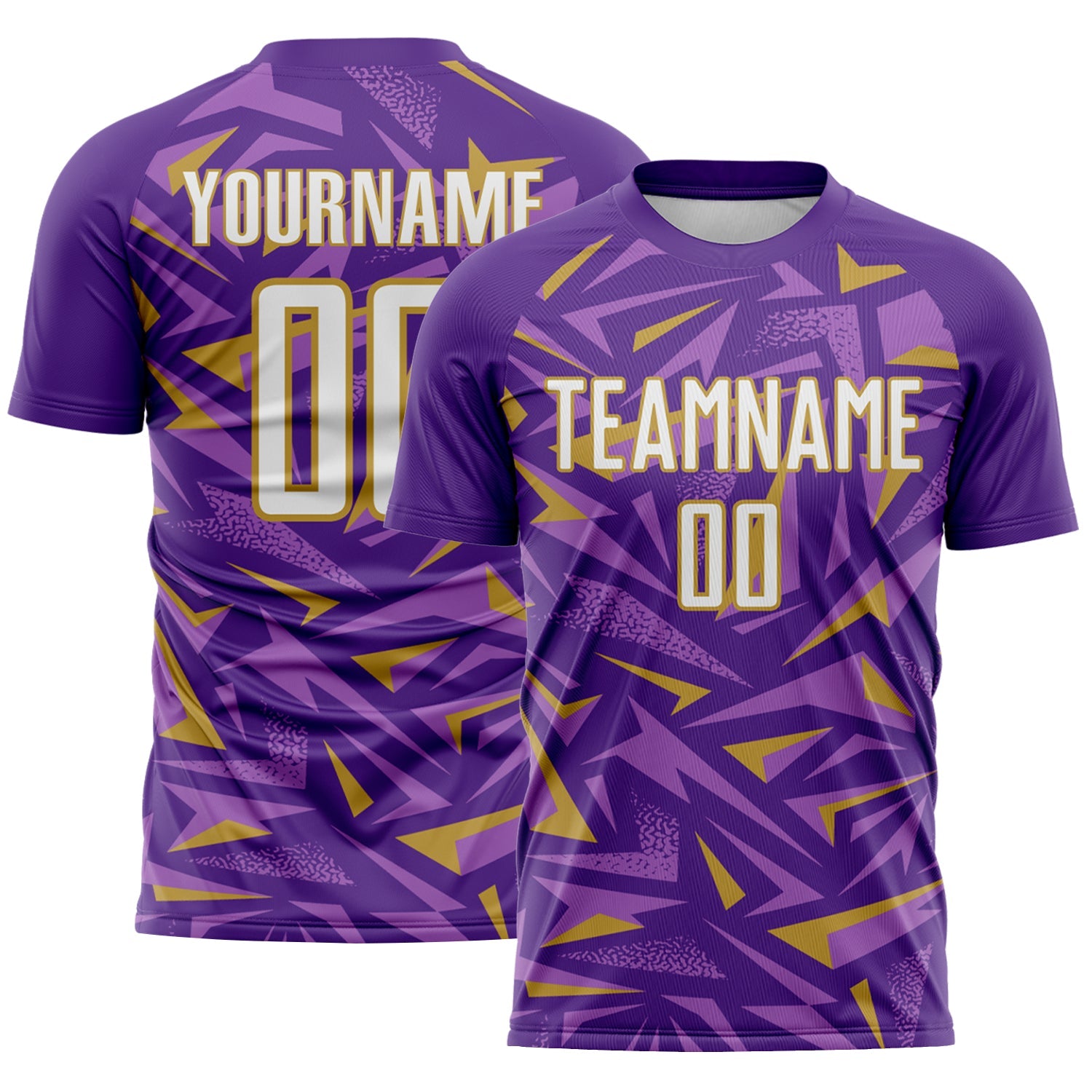 Custom Purple White Old Gold-Medium Purple Cyber Mecha E-sport Geometric Shards Spike Sublimation Soccer Uniform Jersey - Main View